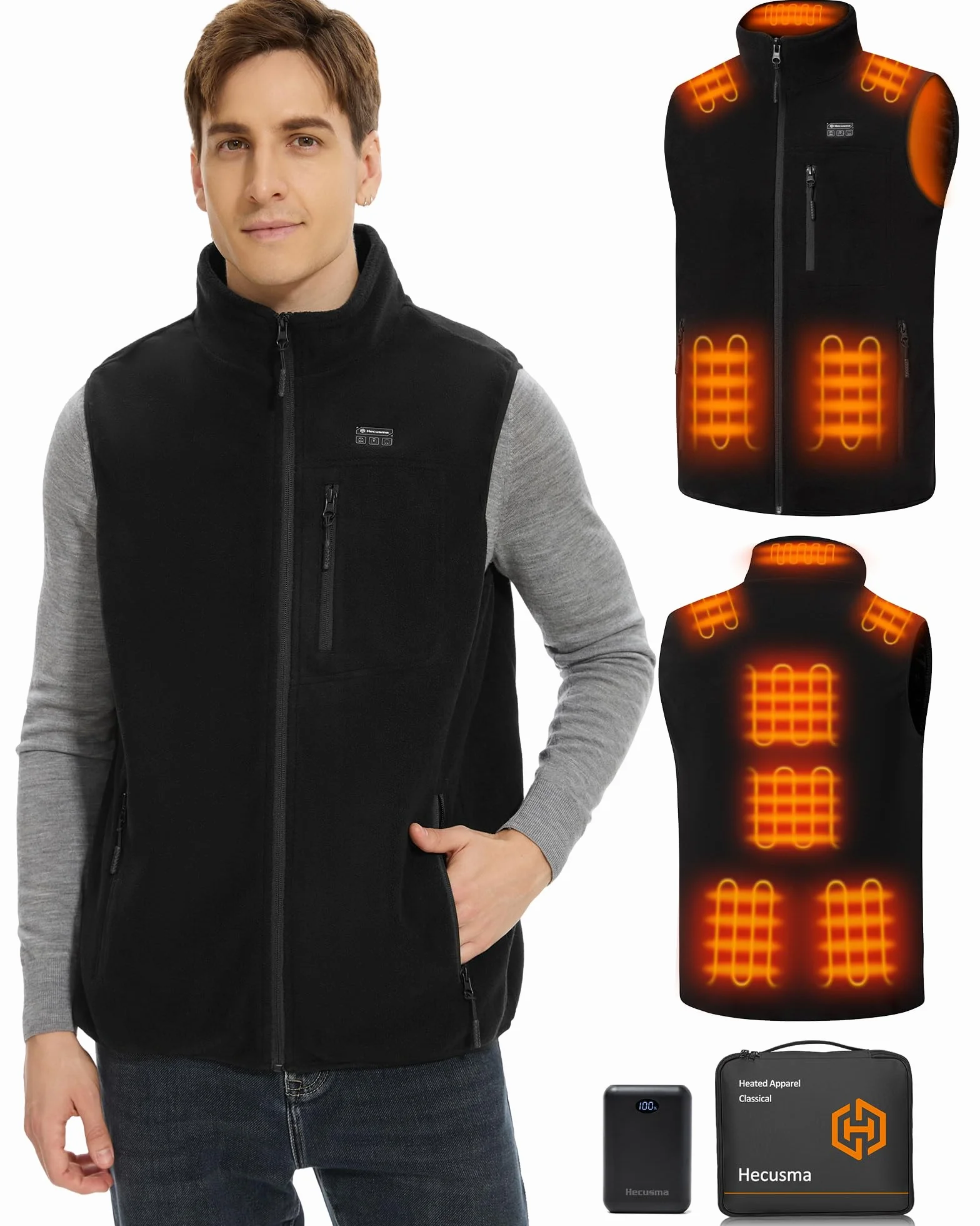 Polaire Gilet Chauffant Hommes avec Batterie 16000mAh 7.4V Incluse, Gilet Chauffant Electrique en Polaire pour Hommes pour la Extérieur Chasse, Le Ski-2XL