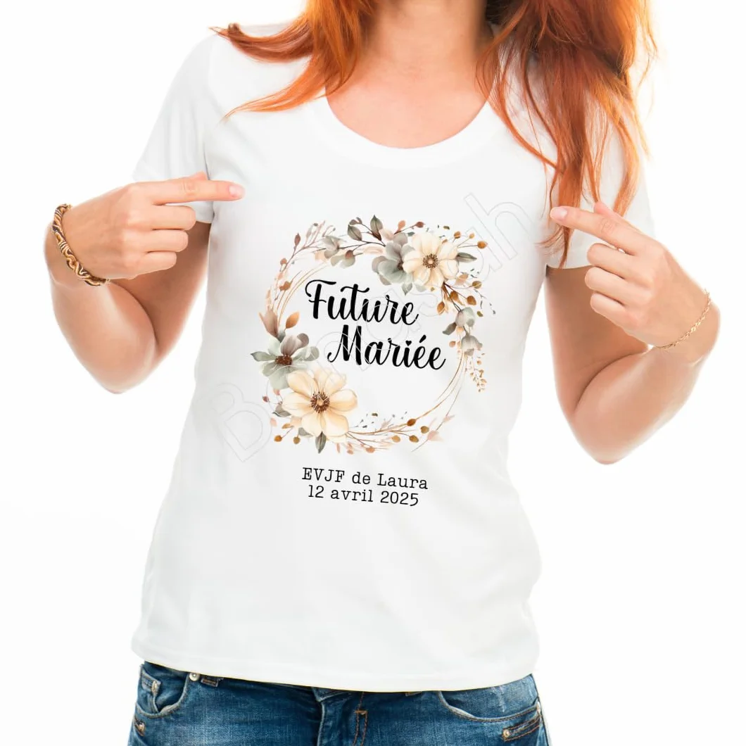 T-Shirt EVJF Team de la Mariée – Personnalisé avec prénom et Date – Enterrement de Vie de Jeune Fille 2025 – Cadeau EVJF Chic bohème