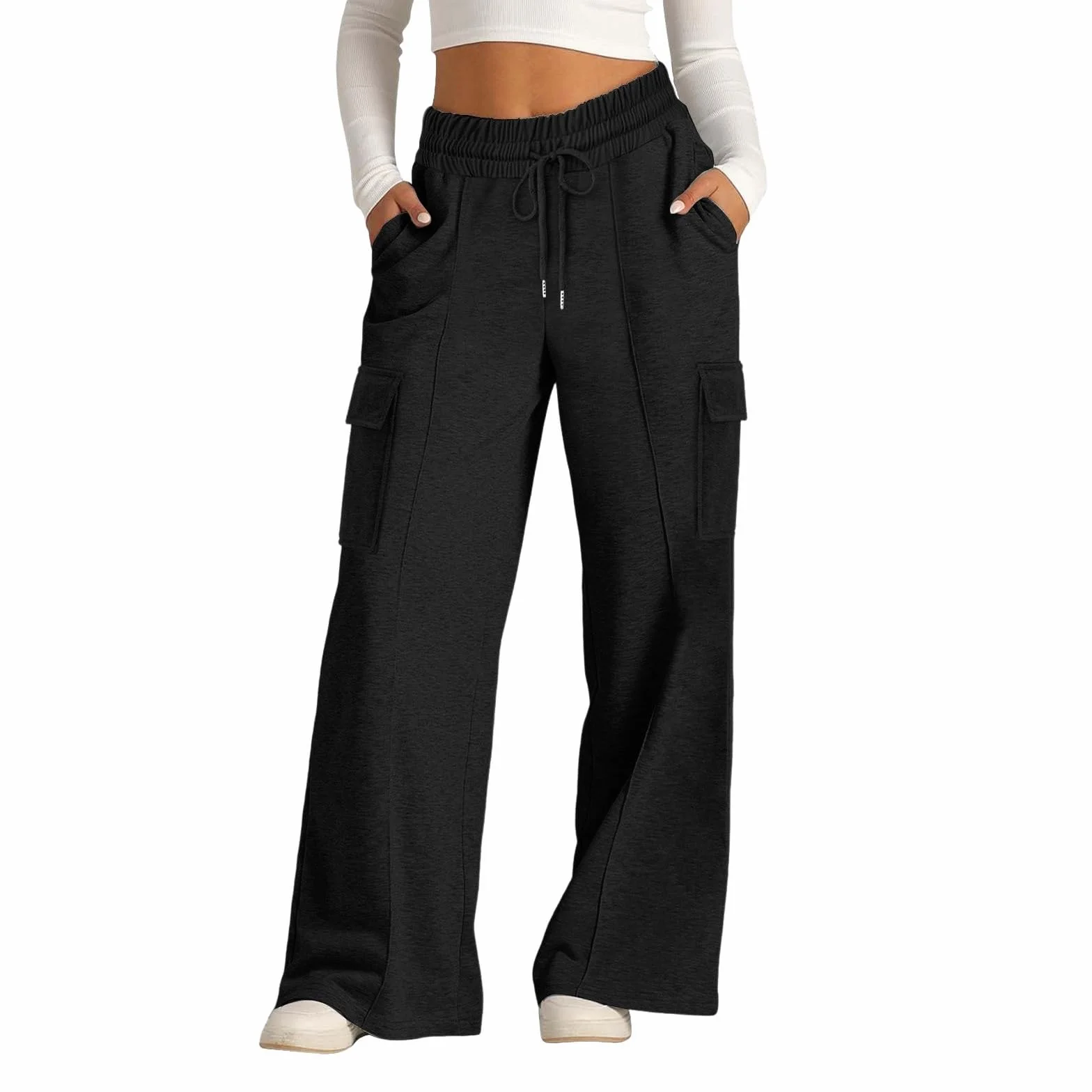 Pantalon de jogging cargo taille haute pour filles - Pantalon de survêtement à jambe droite - Taille élastique - Pantalon de survêtement hip-hop avec poches