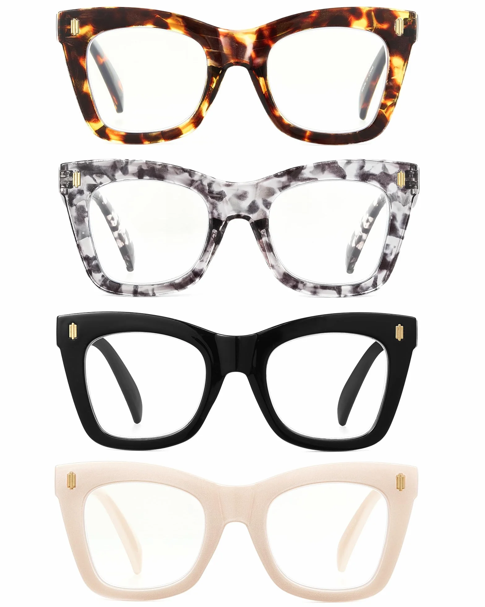 JM Lot de 4 Carré Lunettes de Lecture Femme, Mode Monture Lunettes Anti Lumière Bleue Lunettes Loupe