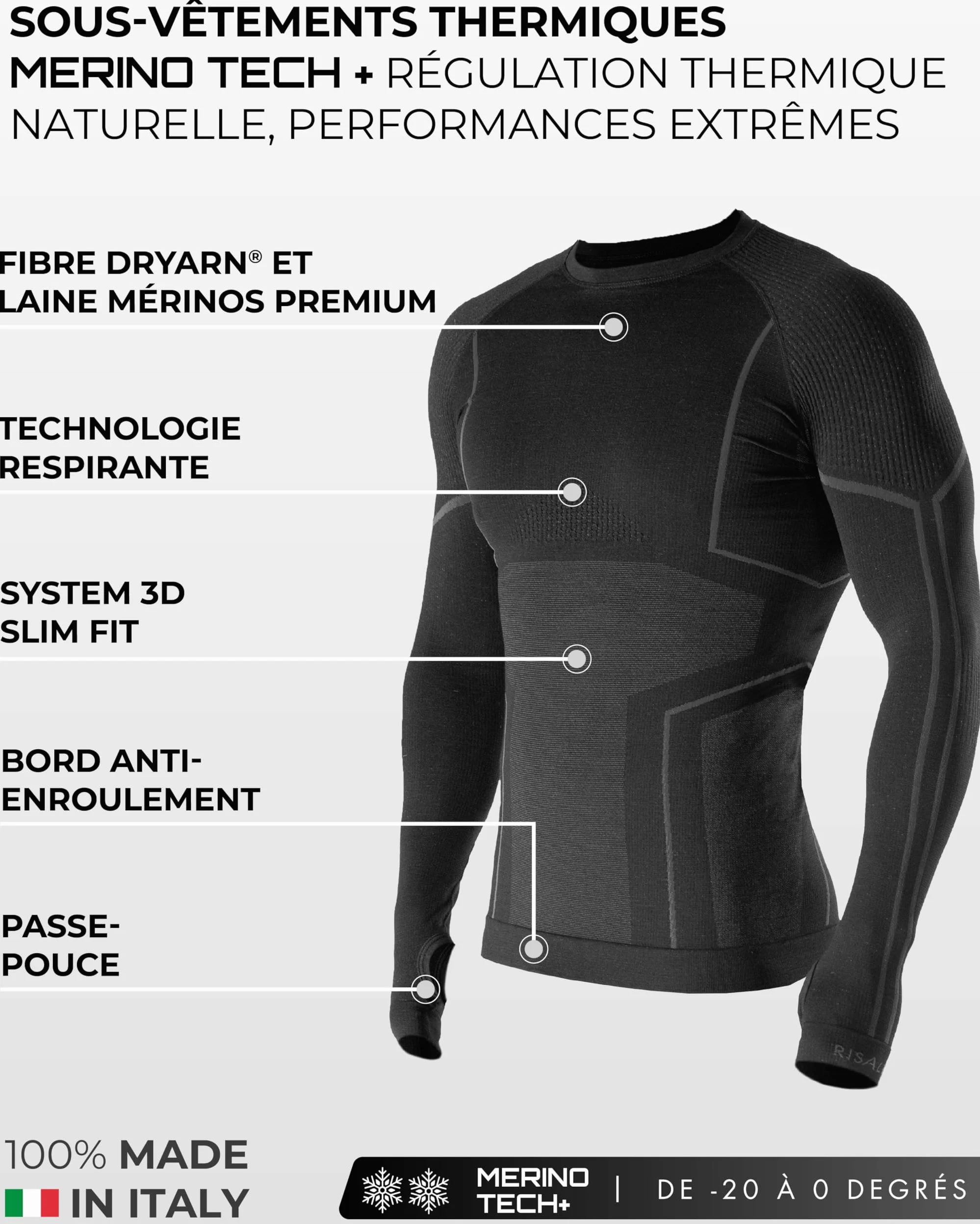 Risalti sous Vetement Thermique Homme Laine Merino Tech – Ensemble Thermique Homme Hiver avec Haut Et Collant en Laine Mérinos Premium et Dryarn, Seamless, Respirant, Thermorégulant – Made in Italy