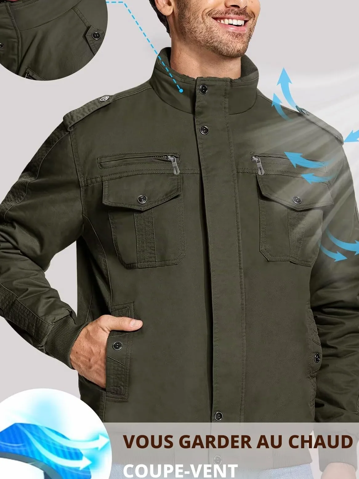 Jinsha Blouson Aviateur Homme Coton Hiver RandonnéE Escalade Zipper Veste Militaire Bombers Cargo Homme Multipoche ExtéRieur Manteau Coupe-Vent Travail VêTements D’ExtéRieur