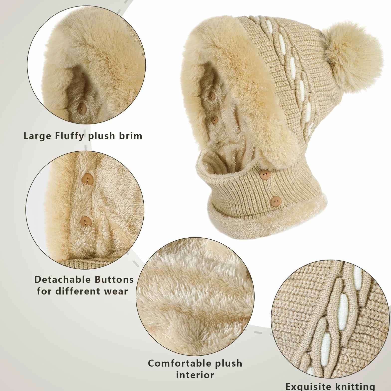 TAGVO Balaclava en Tricot avec Cache-Cou Masque Facial Réglable pour Les Femmes, Hiver Chaud Tricoté Bonnet Et Ensembles De Cache-Cou, Cagoule Tricoté Cache Cou Cache Oreille avec Pompon
