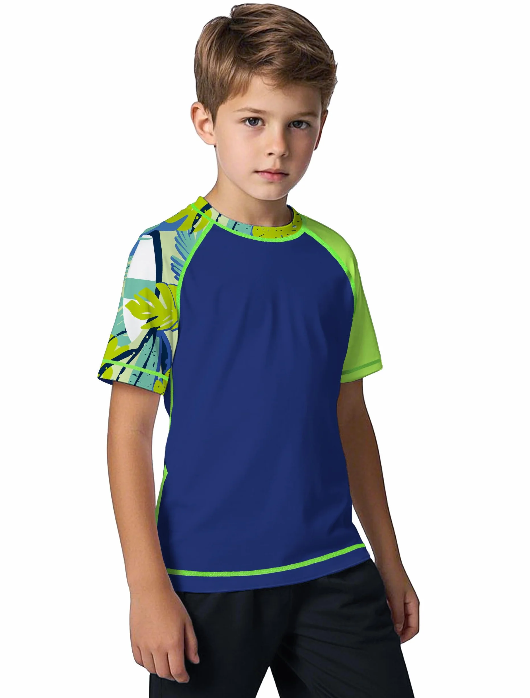 ANGEL CITIZ Rashguard Enfant Garçon Manches Courtes Haut de Maillot de Bain Anti-UV UPF 50+ Séchage Rapide Chemise Natation pour 8-12 Ans Adapté à la Natation Plage Piscine