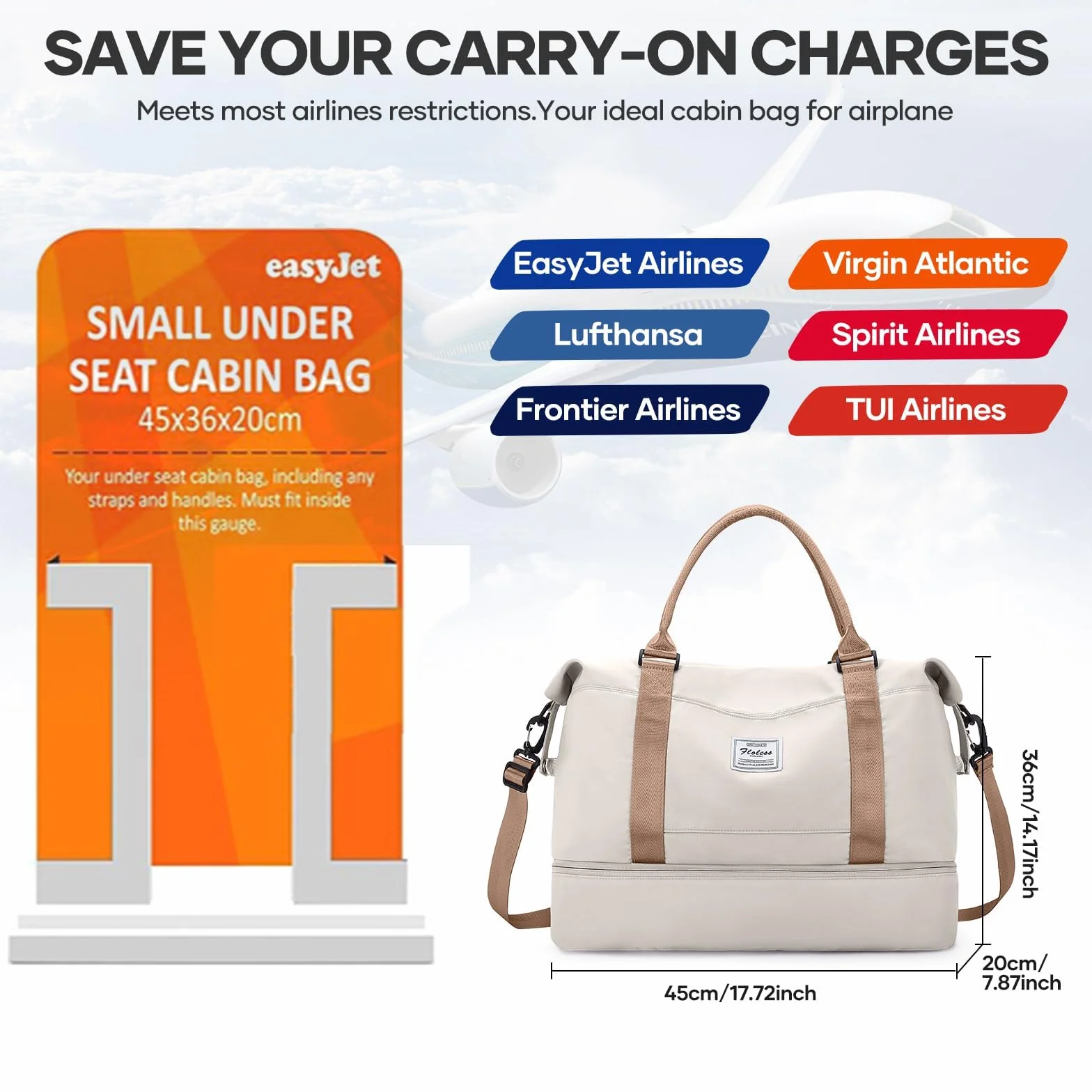 Sac de Voyage 45x36x20 pour Easyjet,Bagage à Main Léger, Sac fourre-Tout de Sport Imperméable pour Week-End avec Compartiment à Chaussures pour Travel Gym Danse,A01-Beige Marron