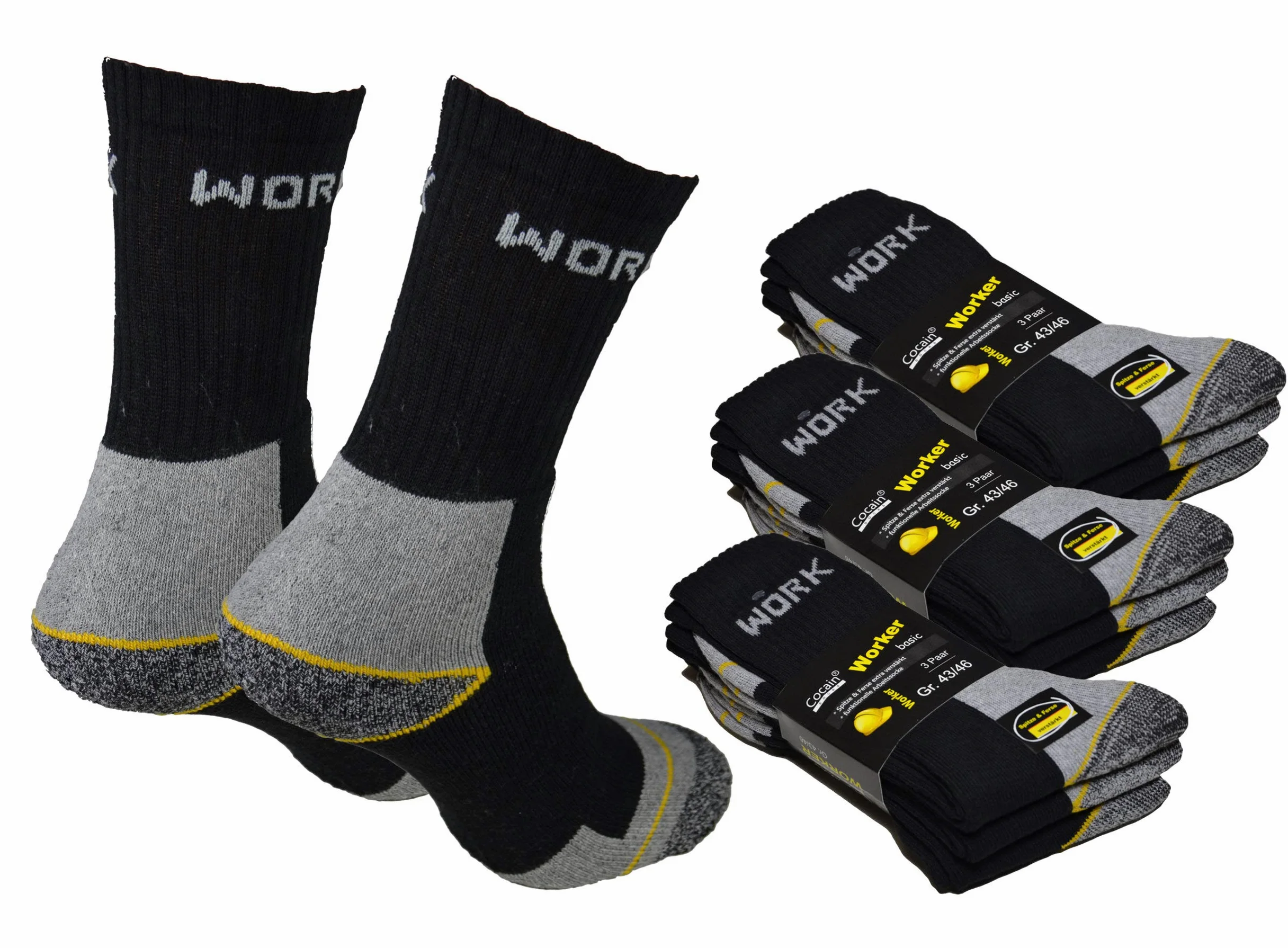 Cocain Chaussettes de travail robustes et respirantes au design technique Disponible en lot de 9, 15 ou 30 paires Taille 39/42, 43/46 ou 47/50