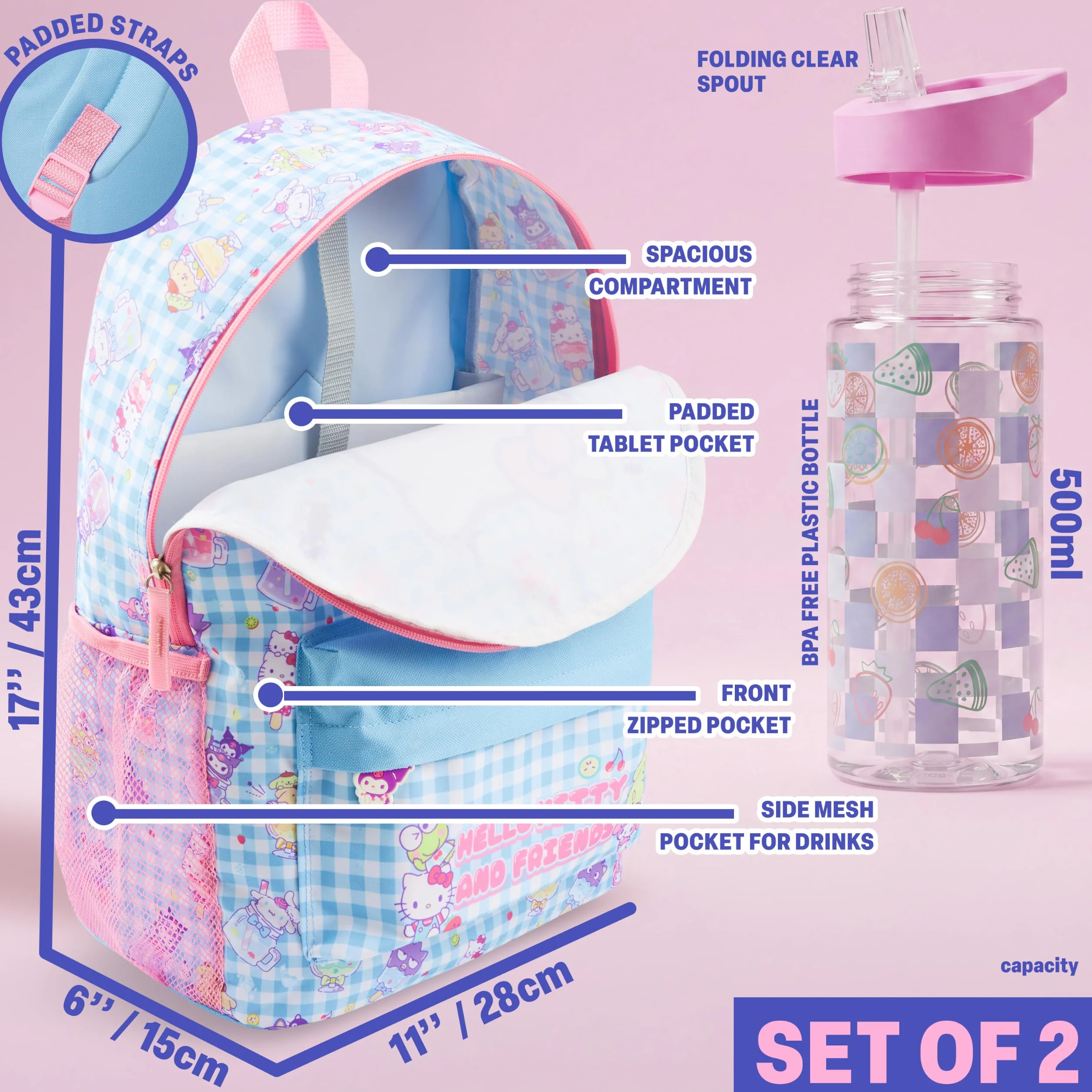Sac à Dos Fille Hello Kitty Sanrio avec Gourde 500ml Sans BPA, Cartable Enfant Cadeau Fille