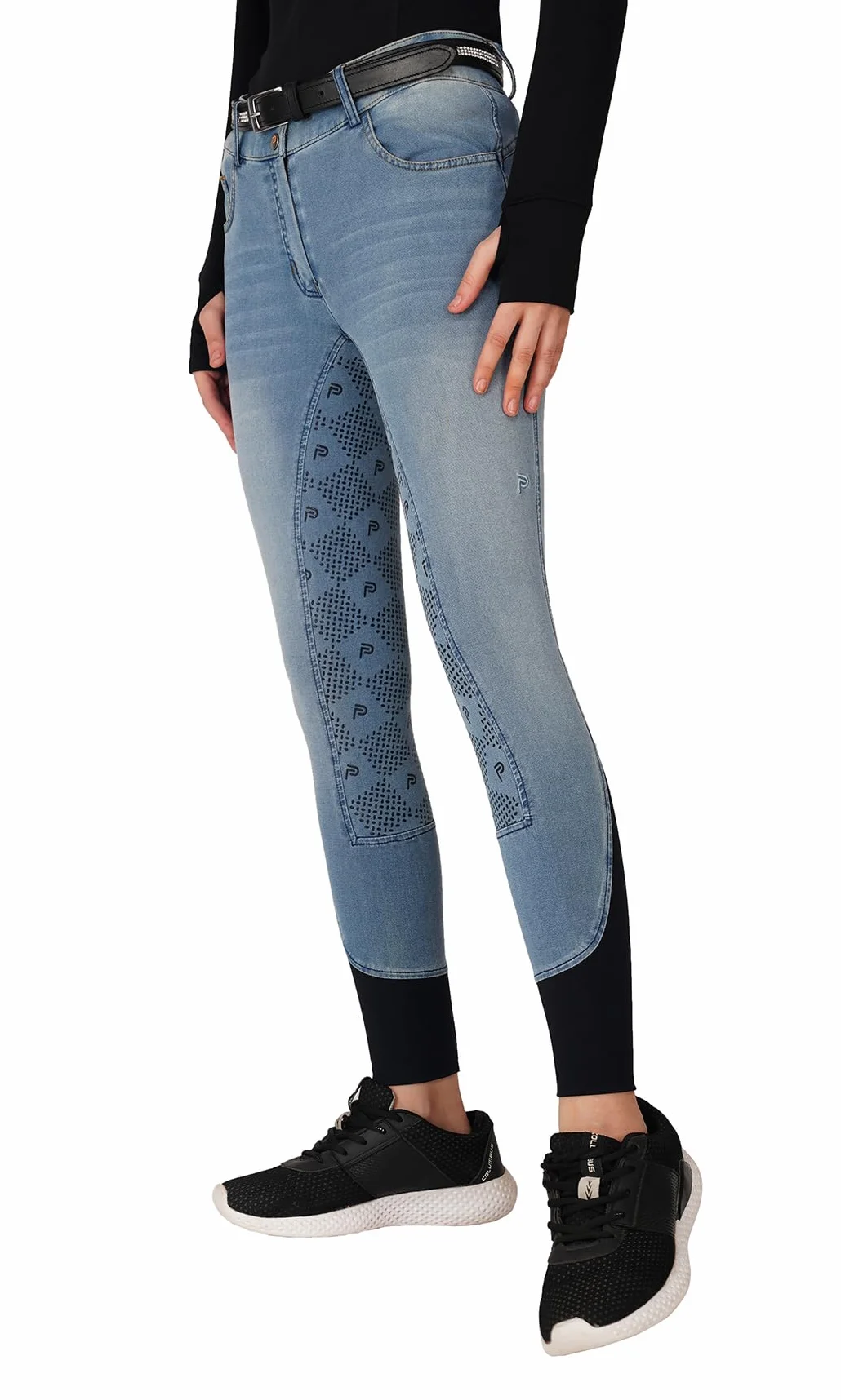 Preto Pantalon d'équitation en denim de qualité supérieure pour femme - Siège complet - Grip en silicone - Doux et extensible - Avec poches