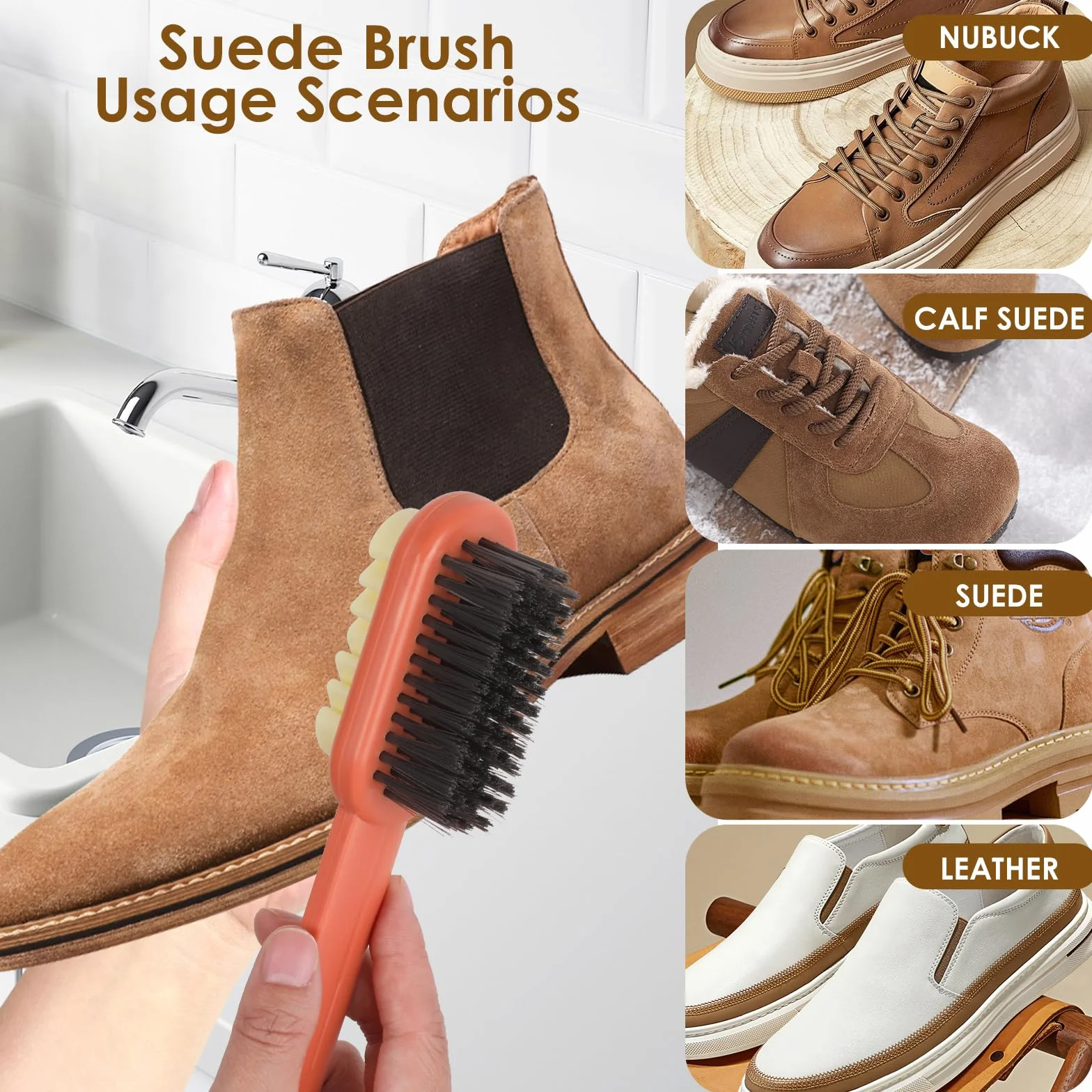 Simpeak Brosse à Chaussures Double Face 2 en 1, Brosse en Daim Nubuck, Long Manche ABS, Orange