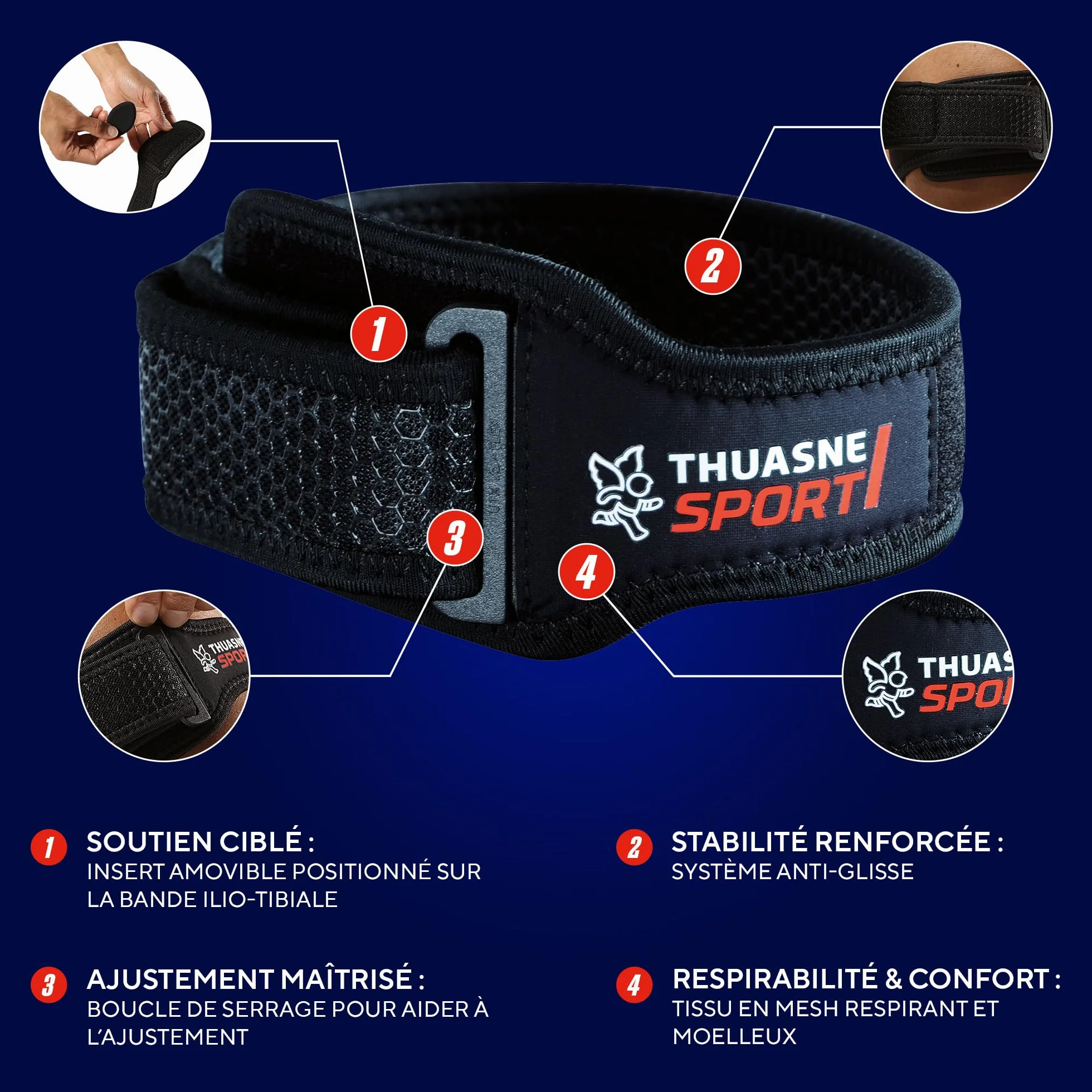 Thuasne Sport - Bandeau de Serrage IT Band - Syndrome de l'Essuie-Glace - Compression Ajustable - Système Auto-Agrippant - Dispositif Médical CE - Taille Unique, Noir