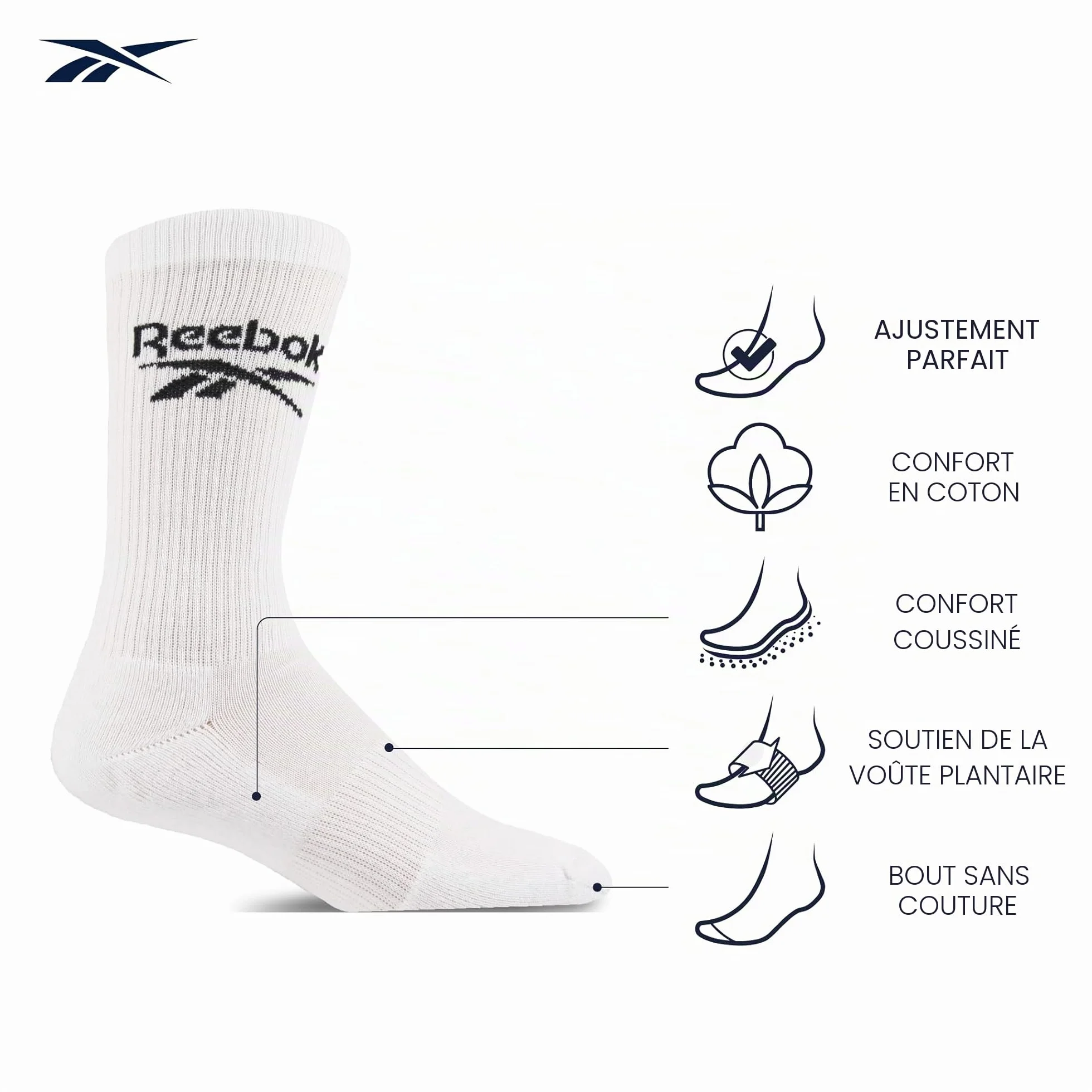 Reebok Chaussettes Hautes Homme Femme - Pour Marche Sport Quotidien Yoga Fitness, Confortables Coton Respirant, Lavables Crew Lot de 3 Paires