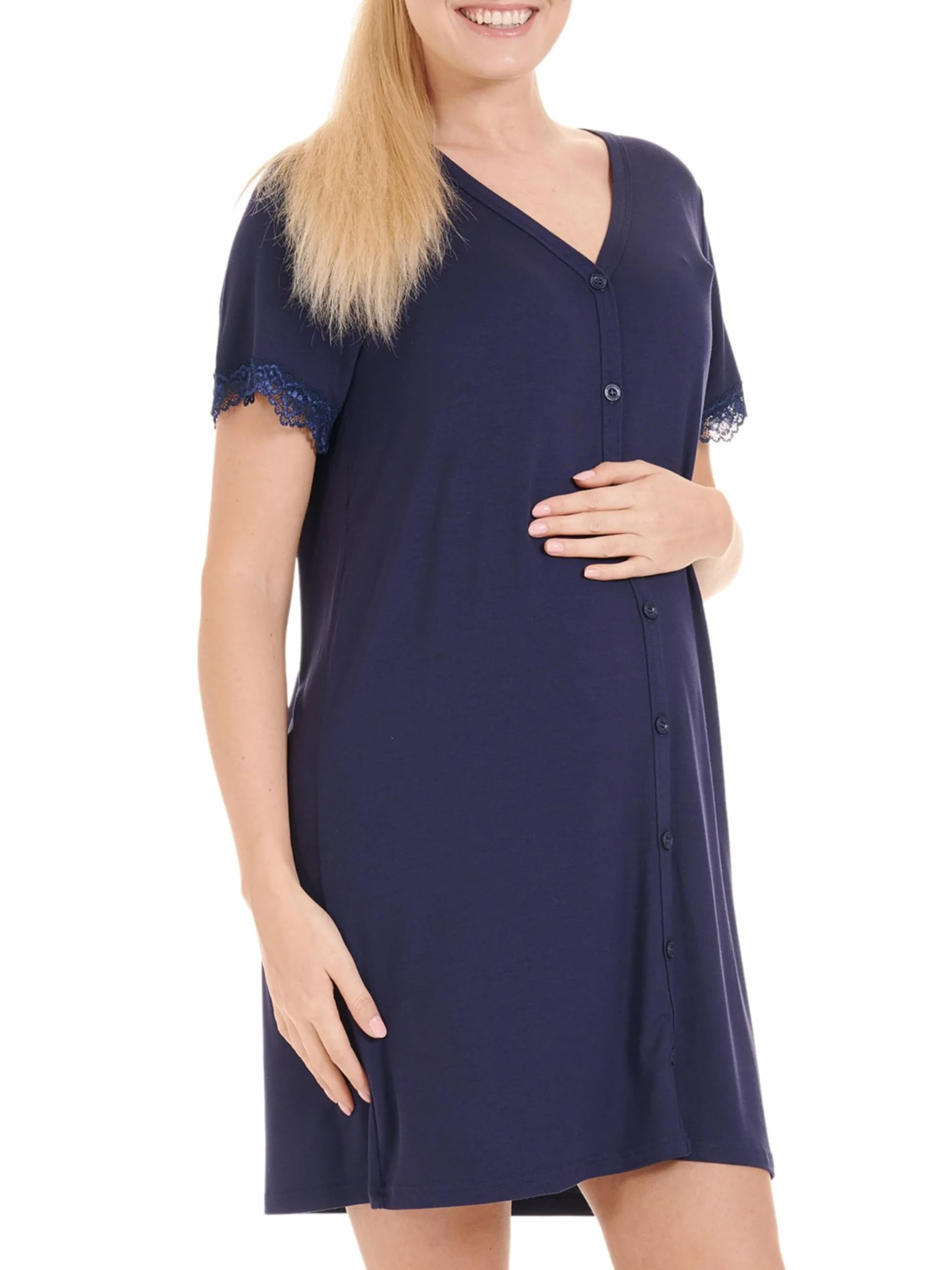 Herzmutter Chemise de Nuit d'allaitement - Chemise de Nuit Maternité Femme Grossesse - avec Boutons - Robes Grossesse Allaitement - Manches Courtes avec Dentelle - 2850
