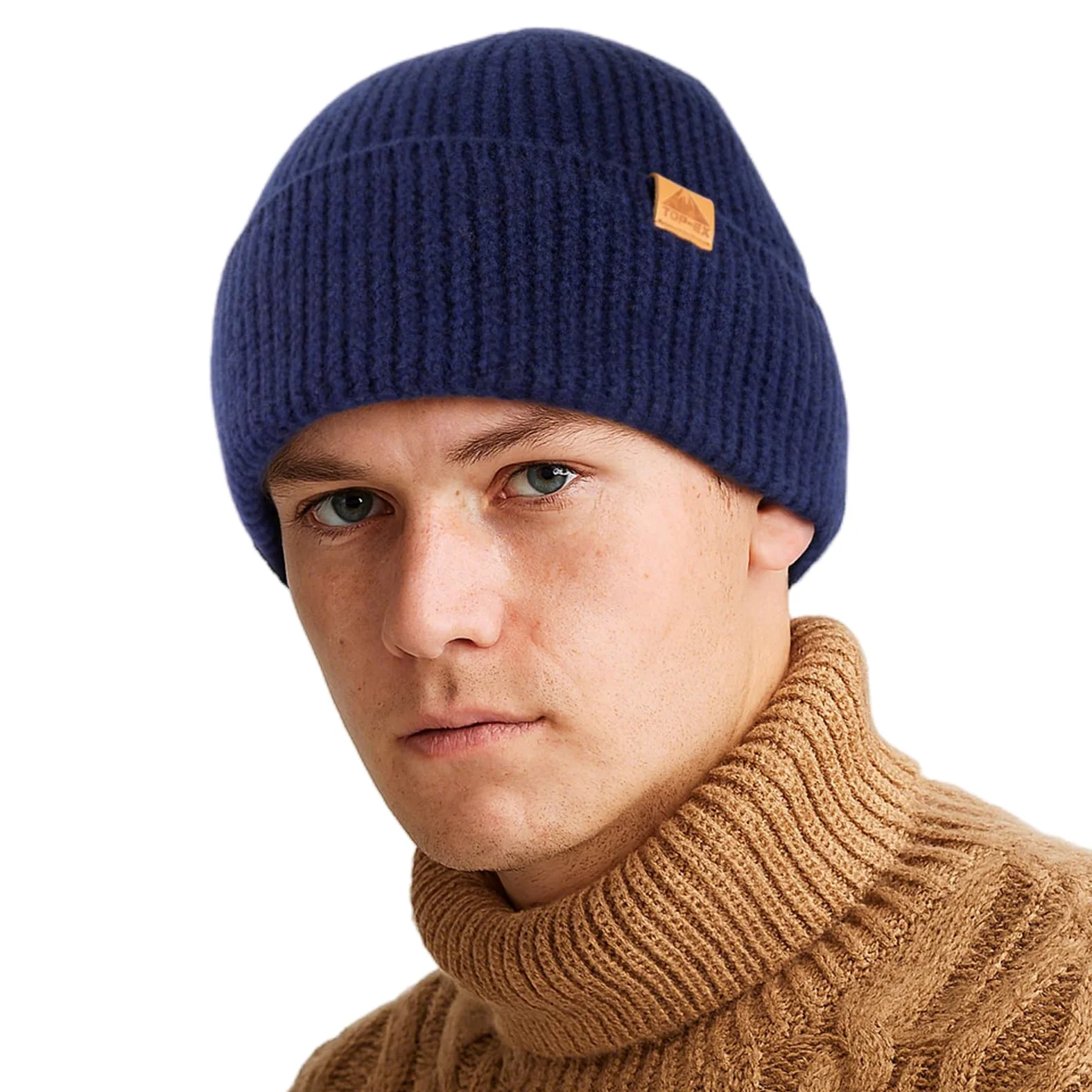 TOP-EX M-XL Bonnet à revers en laine mérinos pour homme et femme avec doublure en polaire, bonnet d'hiver thermique, bonnet en tricot de laine doux, bonnet pour ski et course à pied