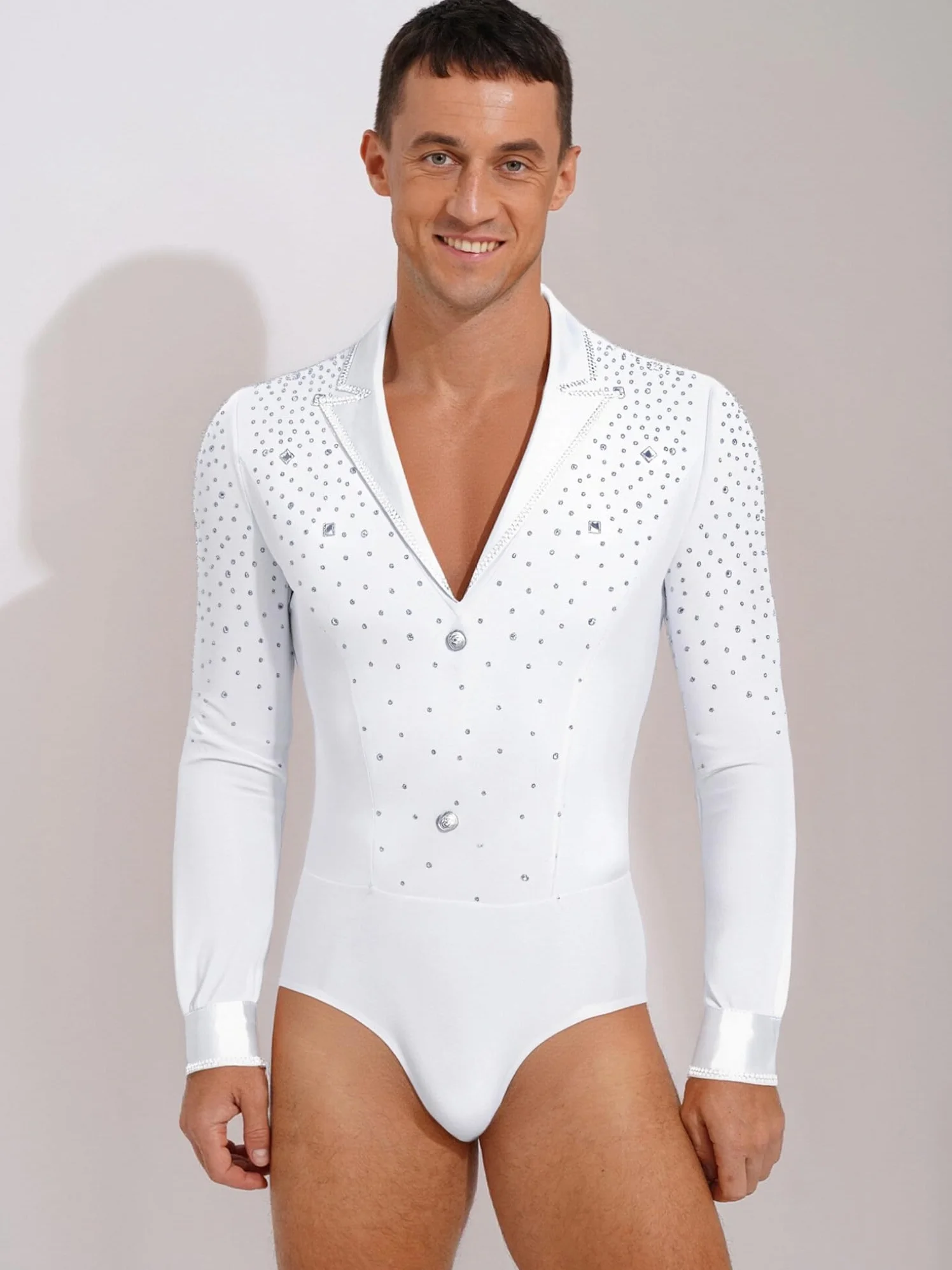 Oyolan Homme Justaucorps Danse Latine Moderne Jazz Salsa Cha Cha Body Gymnastique Bodysuit Patinage Artistique Manches Longues Strass