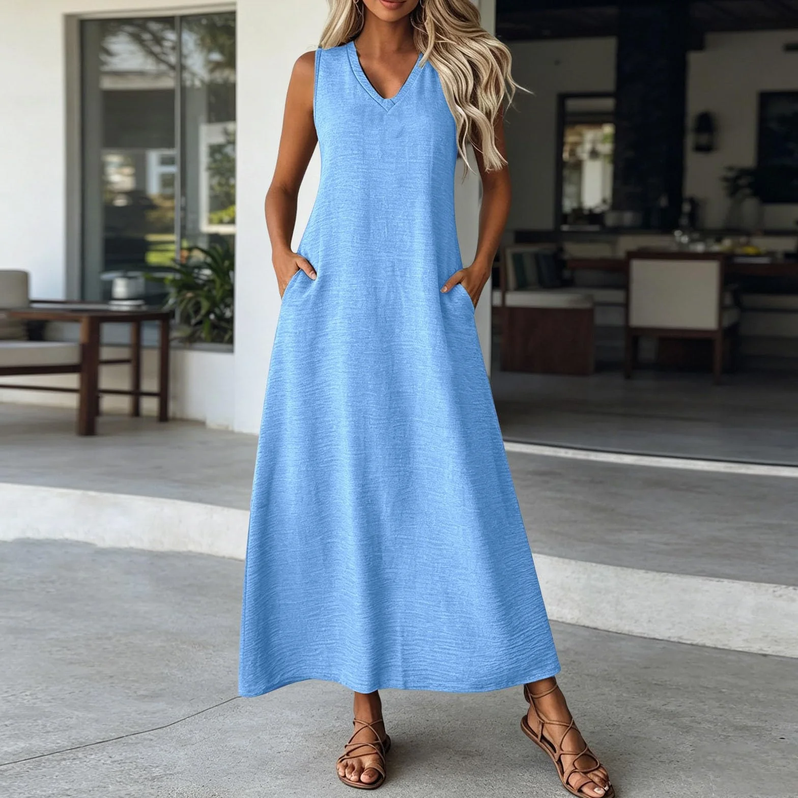 Robe d'été longue pour femme - Élégante robe longue en coton et lin avec poches et fermeture éclair - Col en V - Sans manches - Légère et aérée - Style bohème - Robe de loisirs - Robe de plage