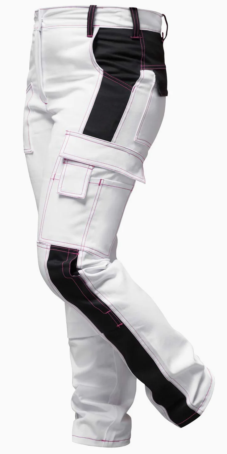strongAnt® - Pantalon de Peintre élastique, Pantalon de Travail Femme Blanc, Poches pour genouillères, Fermeture éclair YKK + Bouton YKK - Blanc-Noir Couture Blanche 88