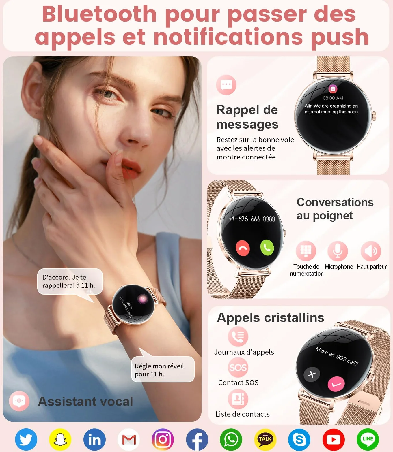 Léger Montre Connectée Femme avec Extra-plat Écran Courbé AMOLED Bluetooth Appels Podómetro/Fréquence Cardiaque 100+ Modes Sportifs 5ATM Imperméable Smartwatch pour Femme Android iOS Rose Dorée