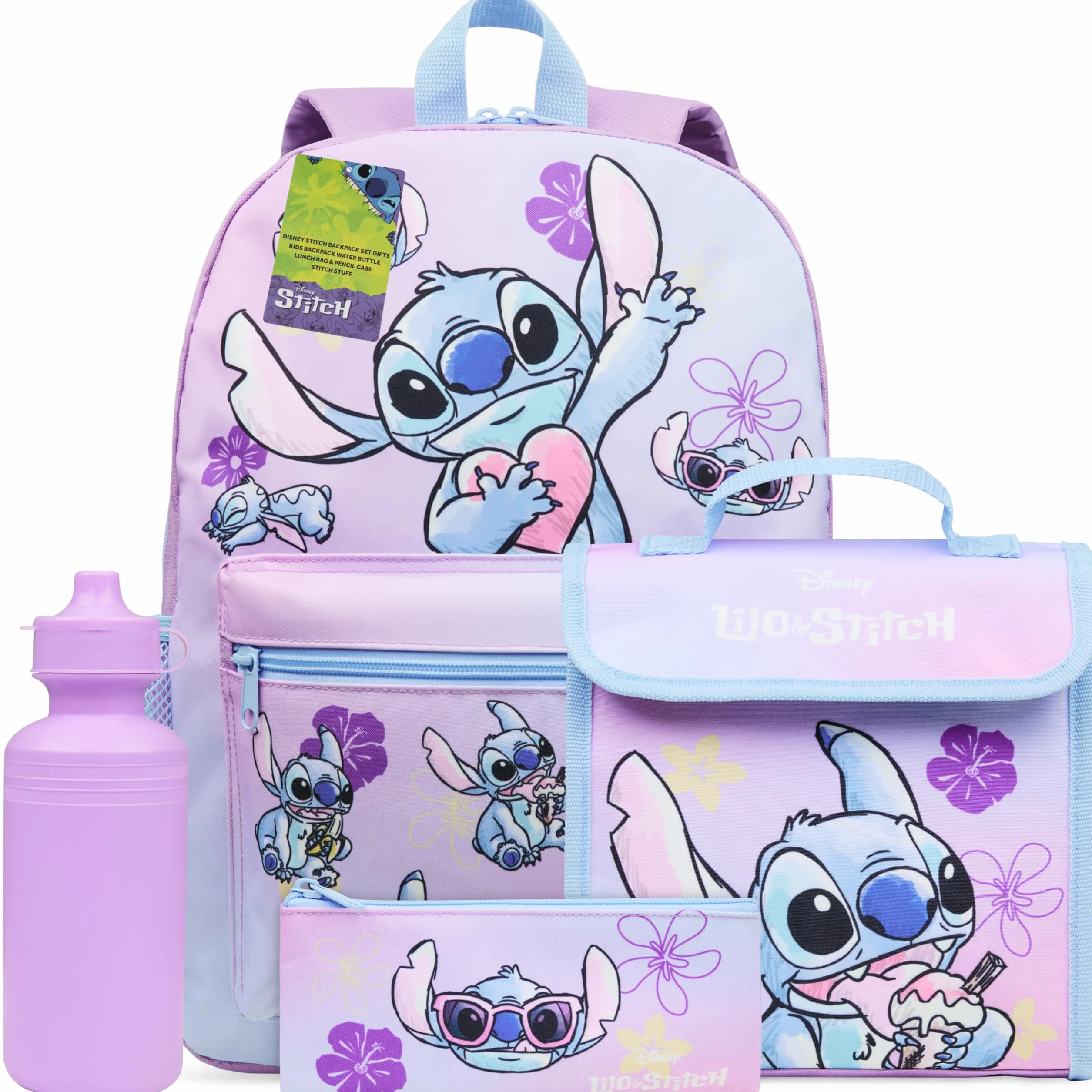 Disney Stitch Sac à Dos 4 Pièces avec Bouteille d'eau Trousse Kawaii Cartable Fille