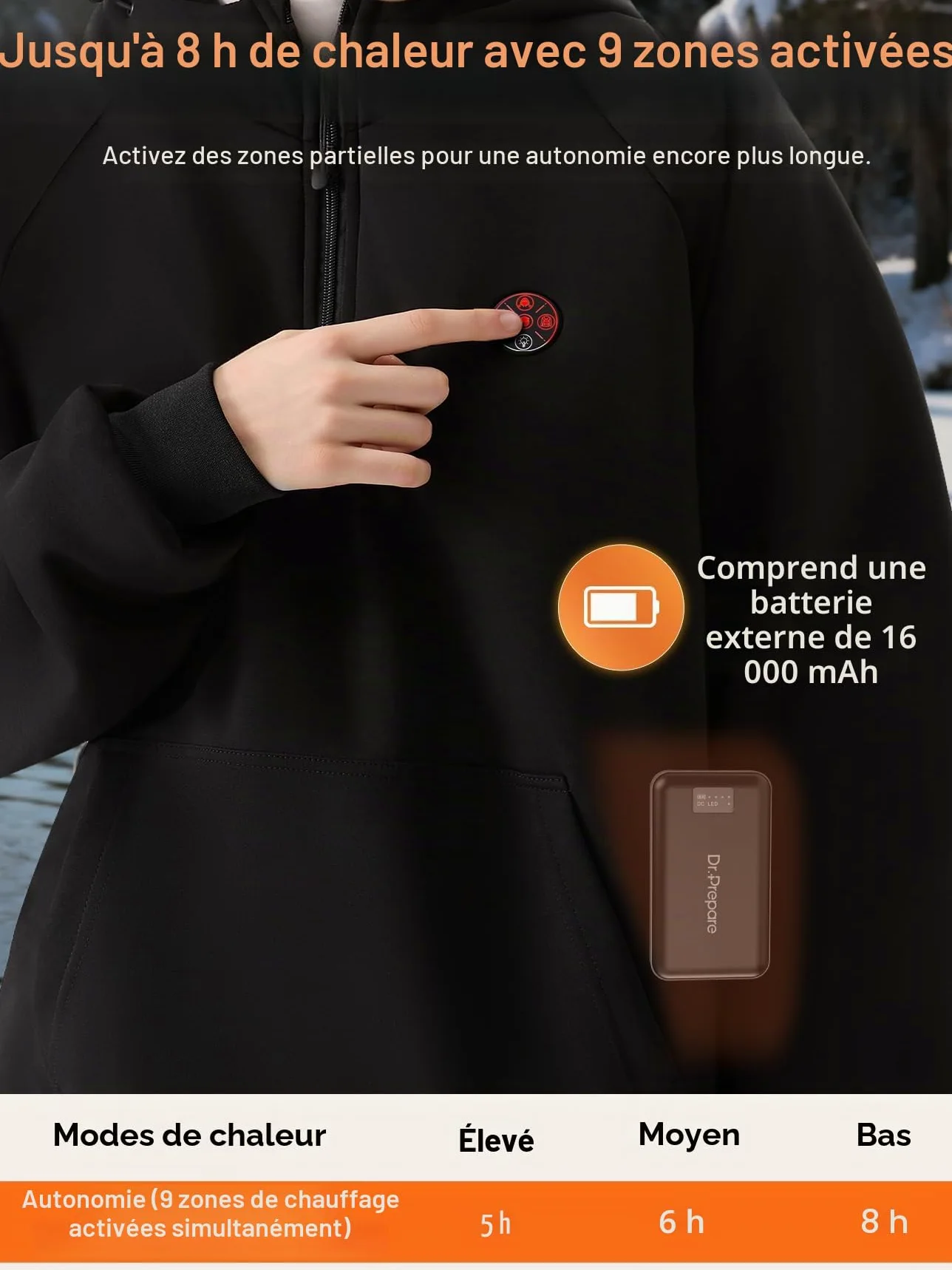 DR.PREPARE Sweat à Capuche Chauffant Homme Femme avec Batterie 16000mAh, 9 Zones Chauffantes, Chauffage Max 8H, Sweat Chauffant Unisex en Ultra-Épais pour Le Travail en Extérieur, Camper, Ski, Pêcher