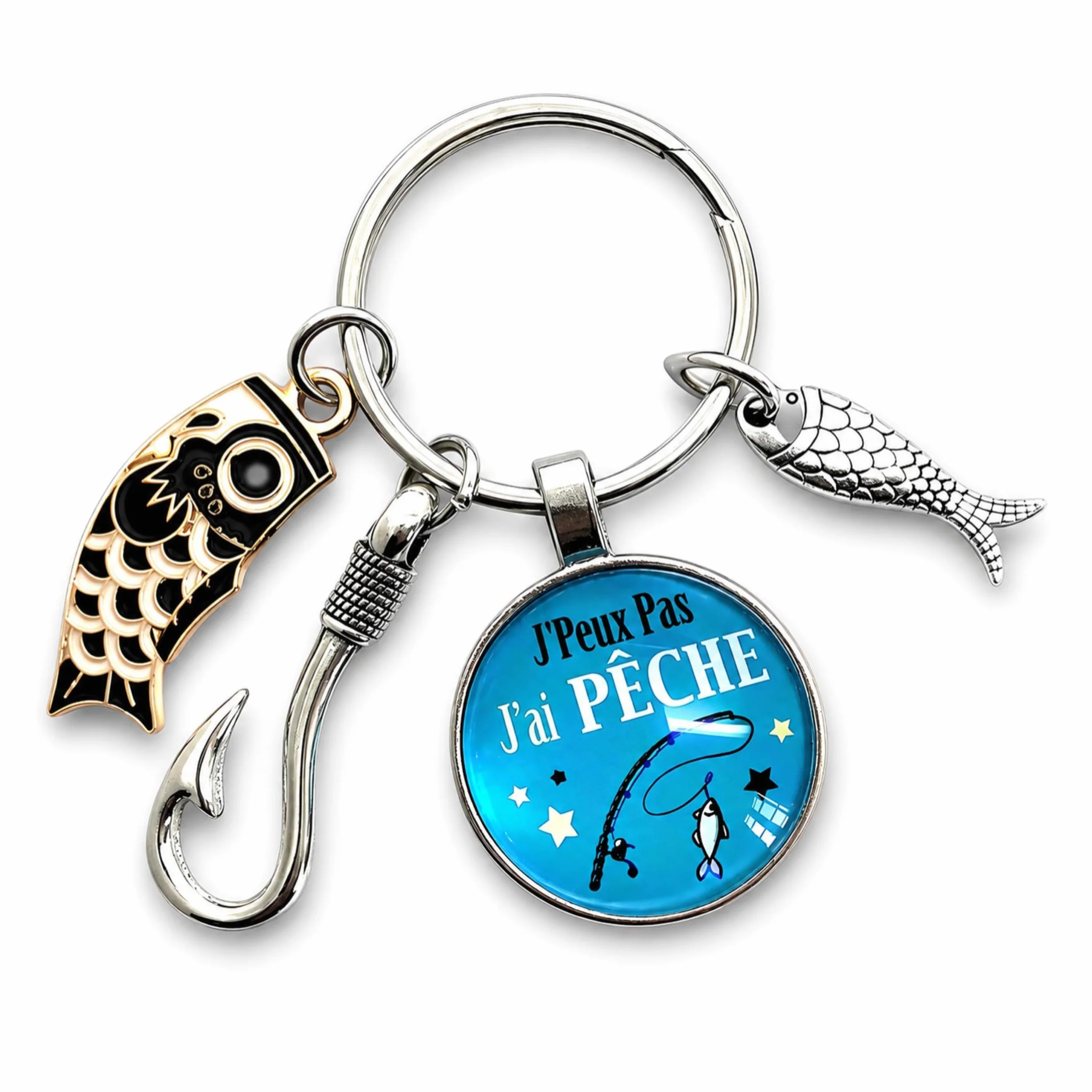 Porte clé pêcheur So Sweet "j'peux pas, j'ai pêche" avec breloques poisson et hameçon