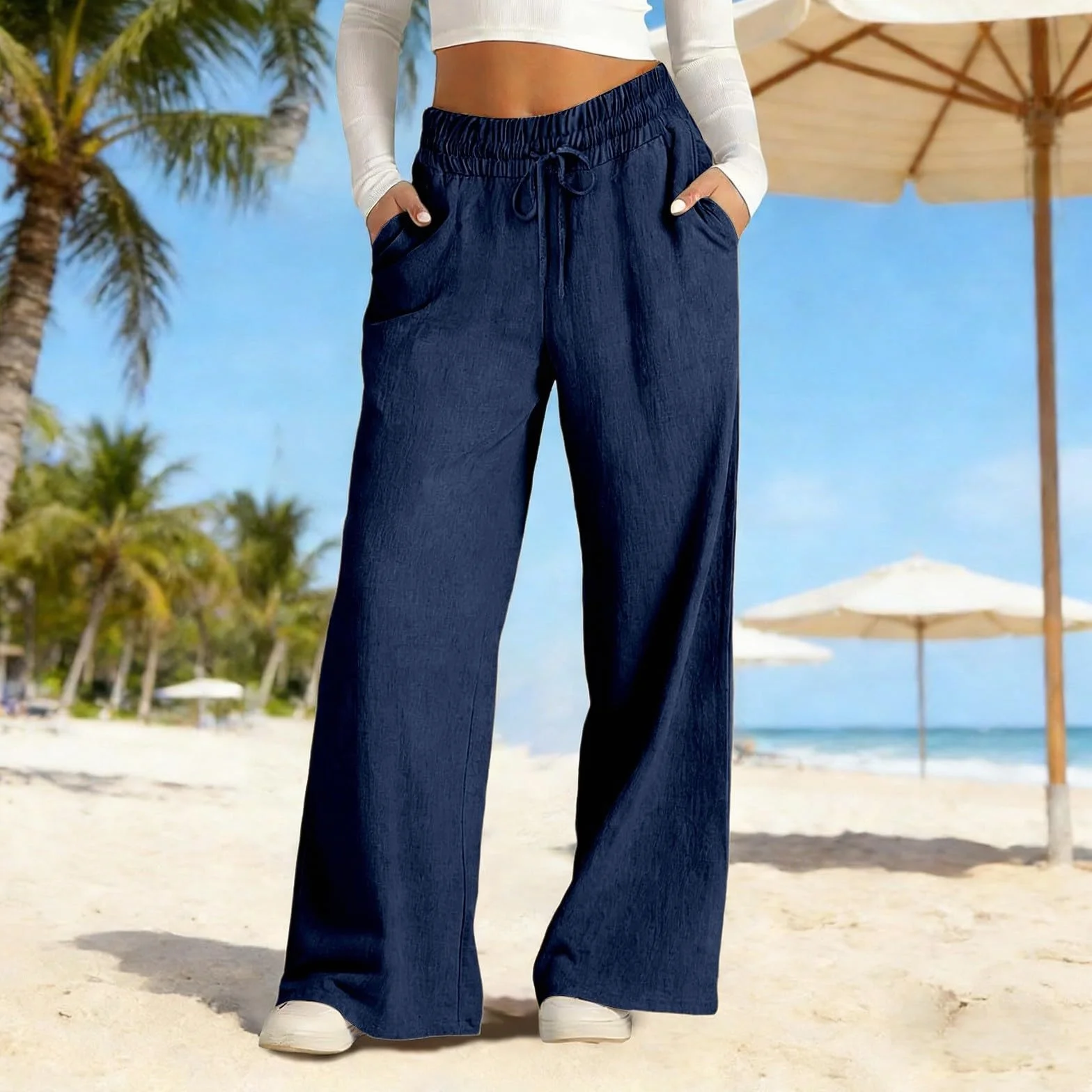 Pantalon Fluide Femme Été Léger Pantalon en Lin Décontracté Taille Elastique Pants à Jambes Larges avec Poches Respirant Confortable Pantalons Ample de Plage