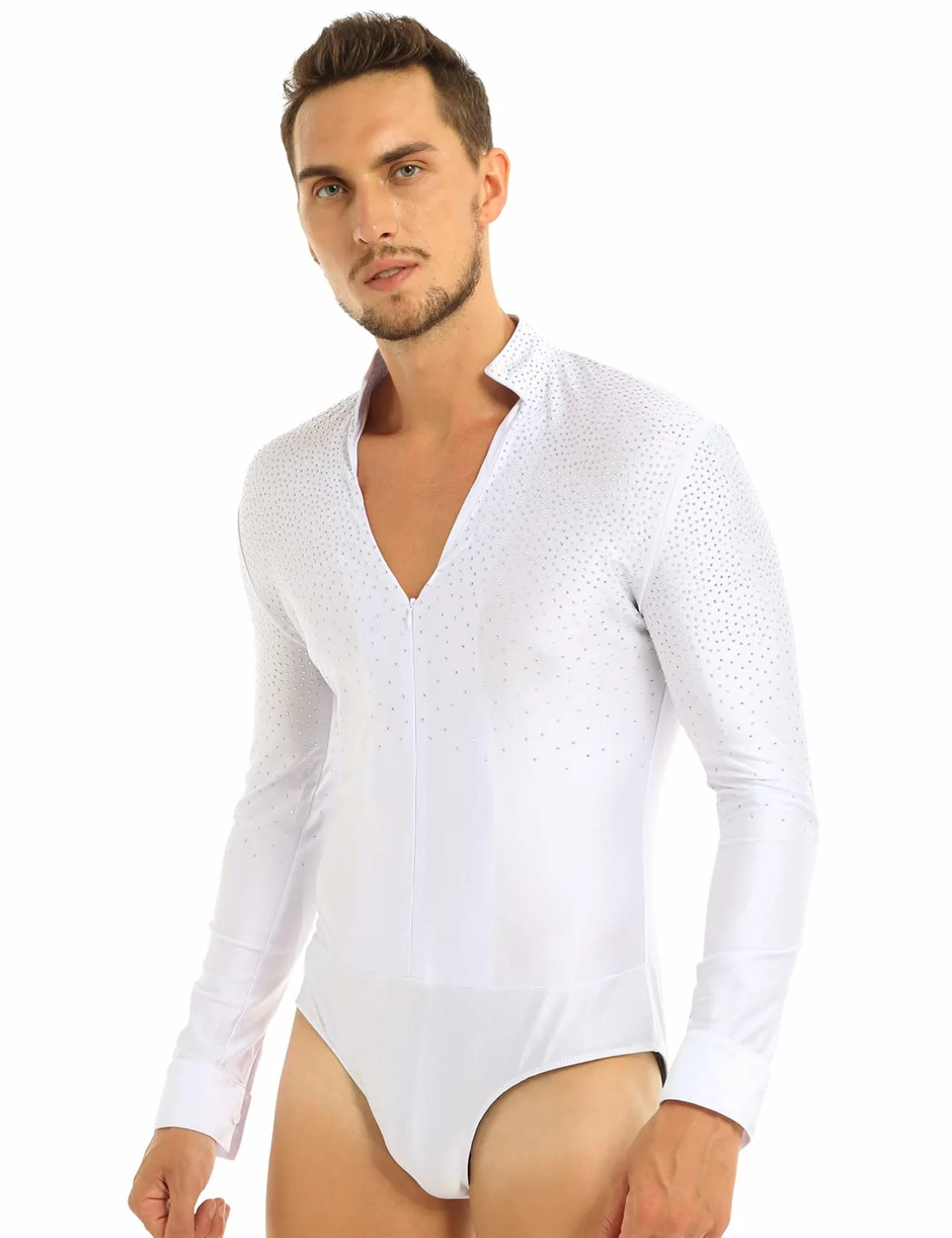 iiniim Body Chemise De Danse Manche Longue Col V Homme Justaucorps Danse Latine Tango Rumba Strass Shirt Leotard Dance Ballroom Bodysuit Soirée Bal Fête M-XXL