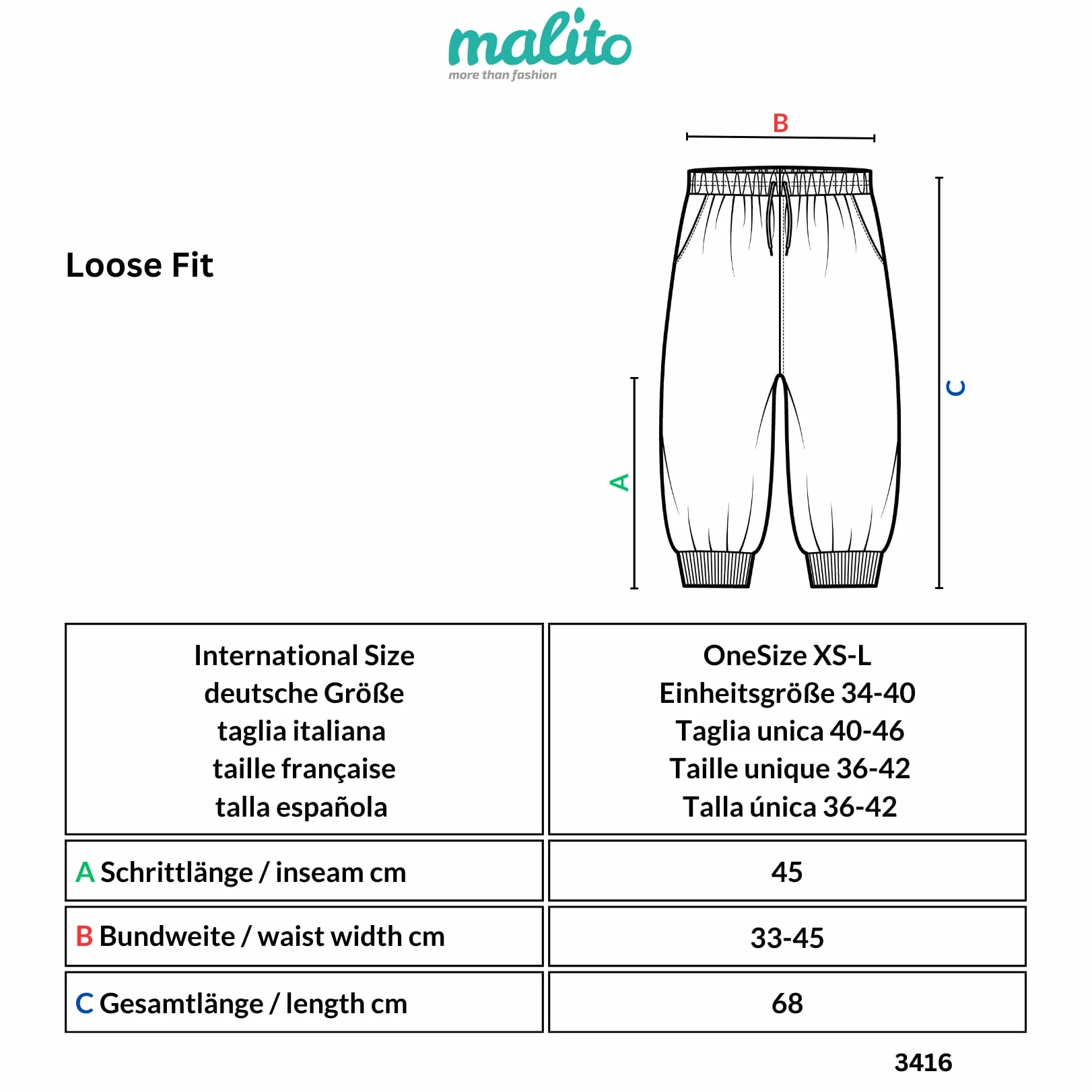 Malito Femme Pantalon Harem Court Ceinture Baggy Aladin Yoga 3416