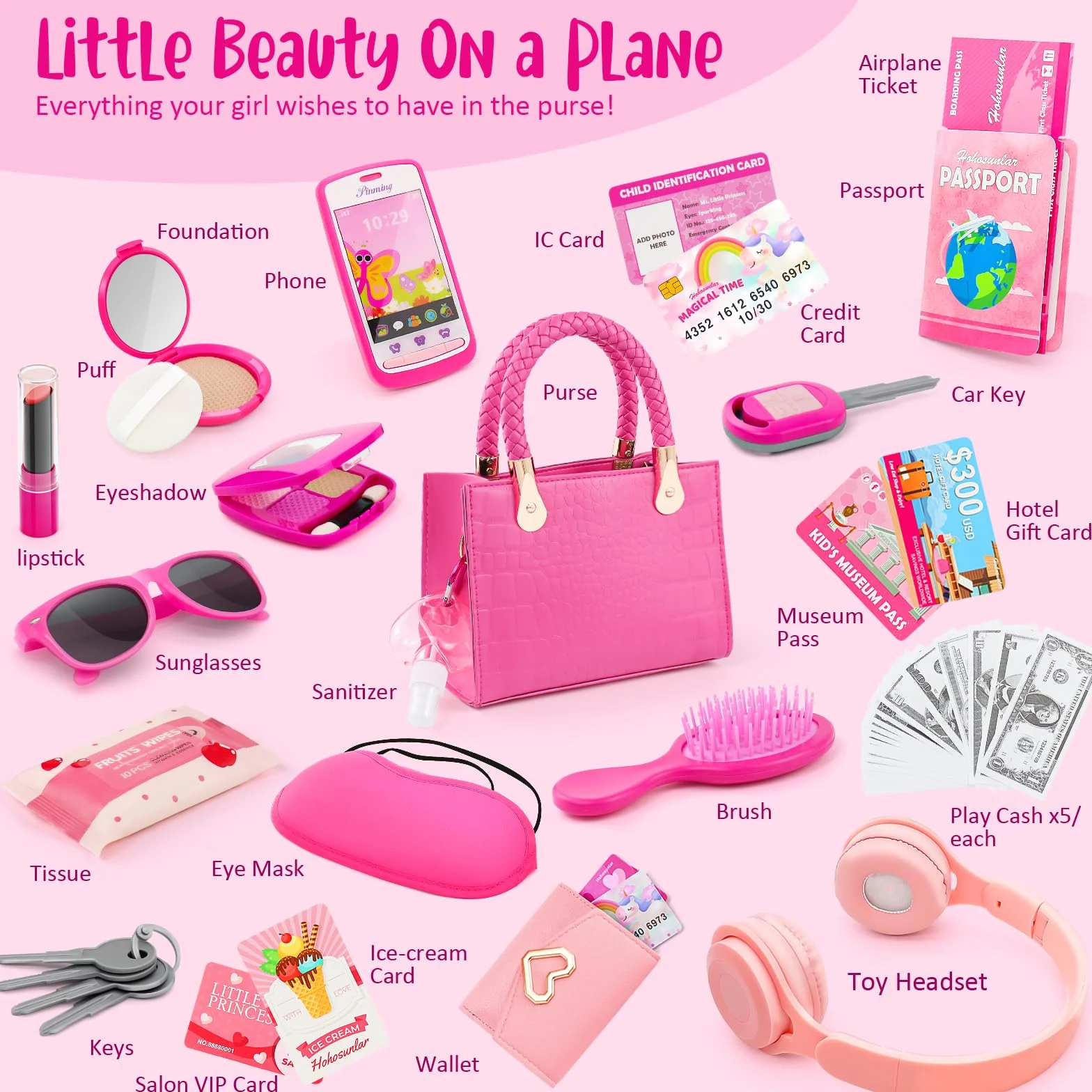 Hohosunlar Sac à Main Petit Filles avec Accessoires - Maquillage Filles, Portefeuille, Un téléphone, Noël Cadeau d'anniversaire Jouets Filles 3 4 5 6 7 8 Ans
