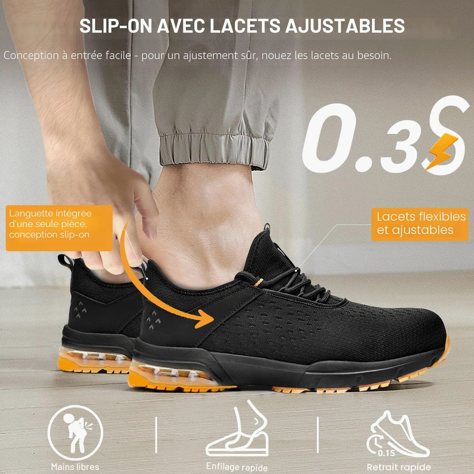 SPIEZ Chaussures de sécurité pour Hommes et Femmes - Embout Composite Non métallique à Coussin d'air, Design de Chaussure de Mode légère, enfilage Mains Libres, Noir Orange EU 36-46
