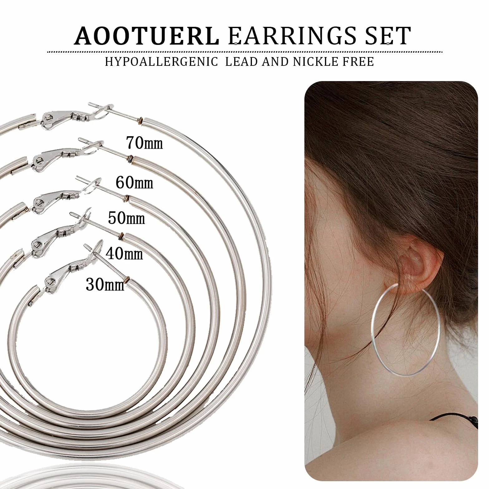 grandes boucles d'oreilles créoles en acier inoxydable, 5 Pairs Boucles d'Oreilles Femme Acier Inoxydable Creoles Argent Boucles d'Oreilles, Cercles hypoallergéniques (30/40/50/60/70 mm)