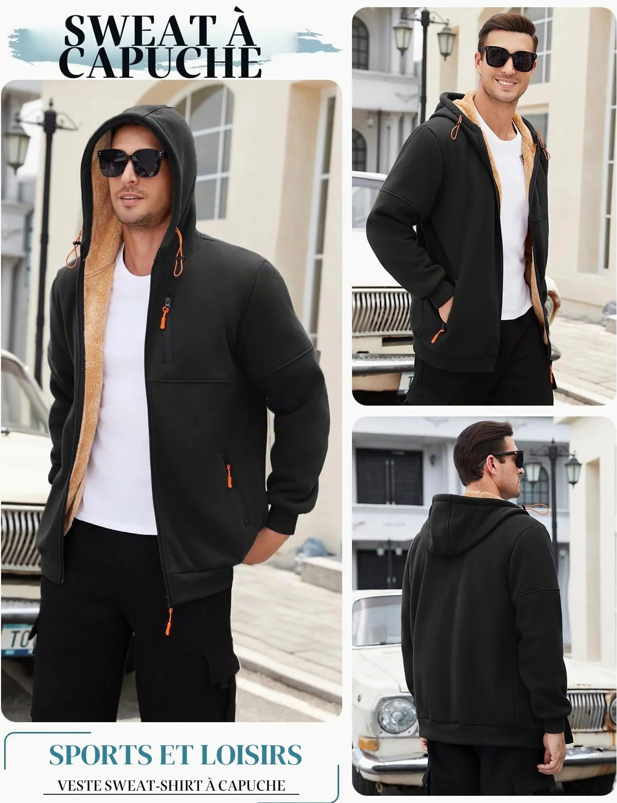 Pull Homme Hiver Veste Polaire Homme Blouson Zippé avec Capuche Manches Longues Cordon De Serrage Casual Sweats à Capuche