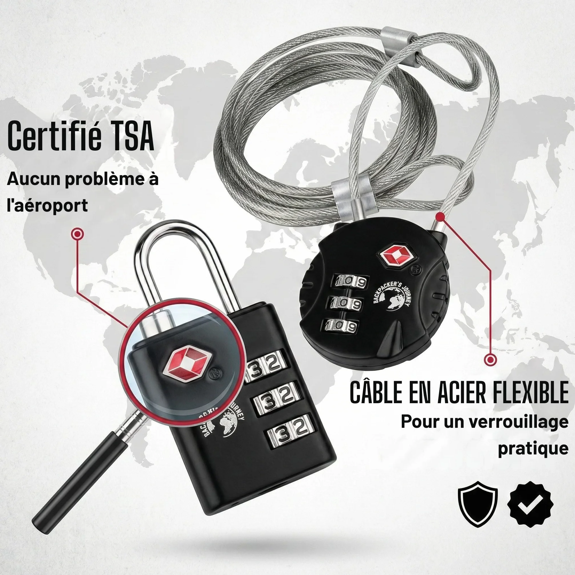 Cadenas à bagages à 3 chiffres - Cadenas de sécurité à combinaison pour valises voyage