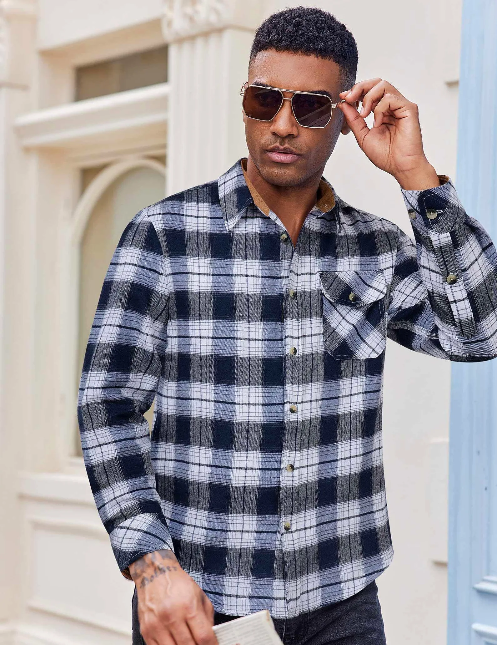 COOFANDY Chemise à carreaux décontractée boutonnée à manches longues en flanelle pour homme avec poche
