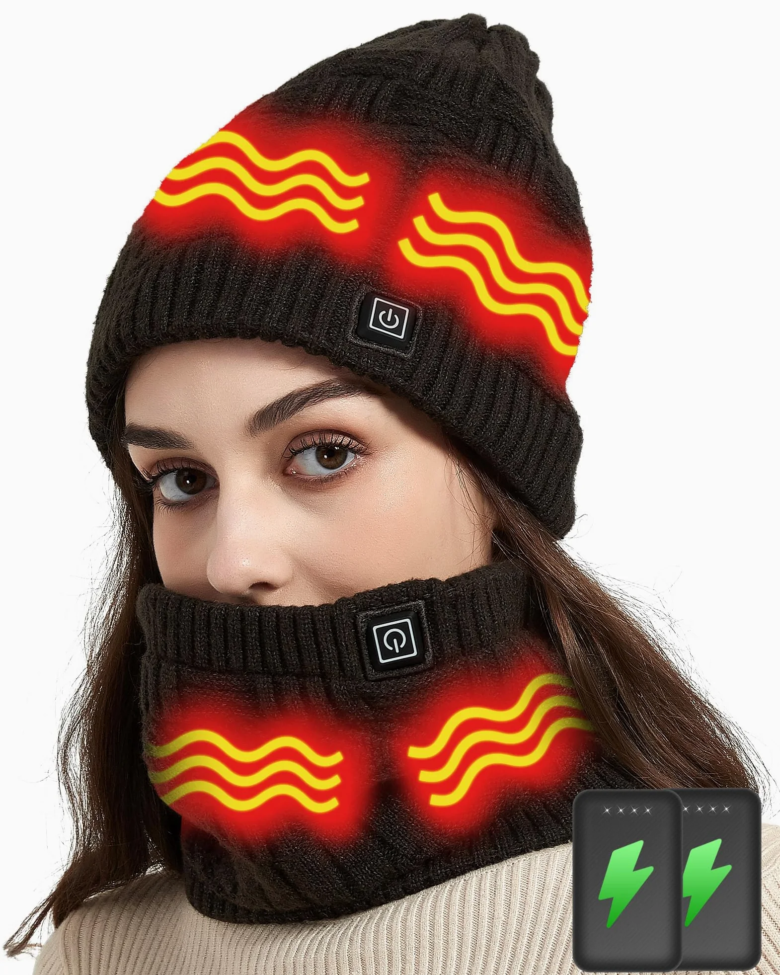 CYCYHEAT Bonnet chauffant - Écharpe chauffante et bonnet chauffant pour hommes et femmes avec batterie de 4000 mAh - 3 niveaux de température, Cache-cou noir + chapeau, taille unique