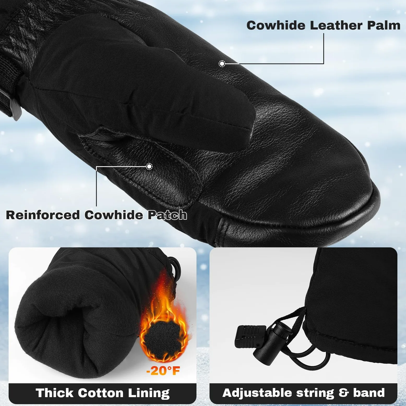 OZERO Gants d'hiver de ski coupe-vent Gants de travail en cuir de vache Paume imperméable pour ski/motoneige / pelle, Homme, noir, X-Large