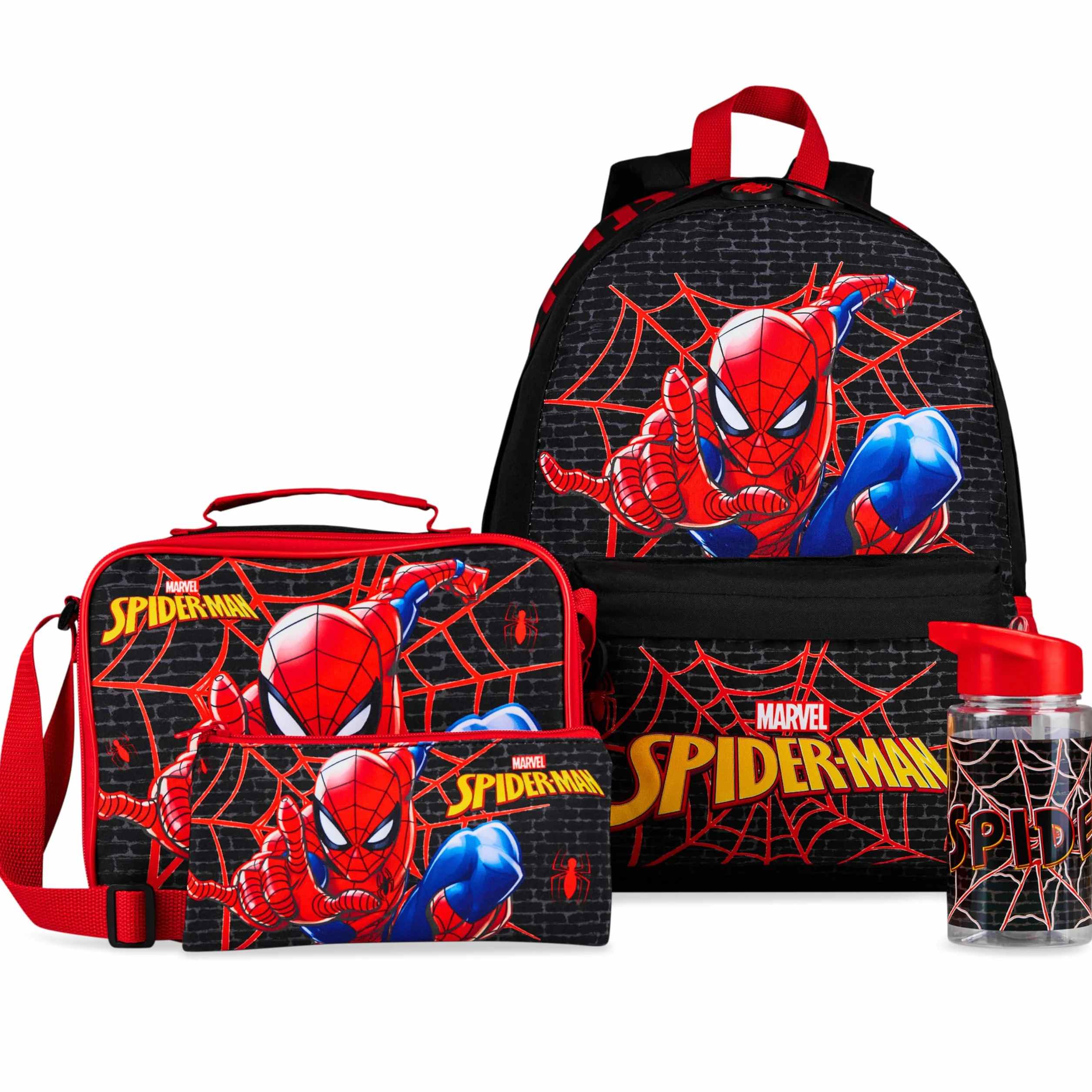 Marvel Spiderman Sac à Dos Enfant 4 Pièces Cartable Garçon Gourde 540ml Trousse Scolaire Sac Repas Isotherme