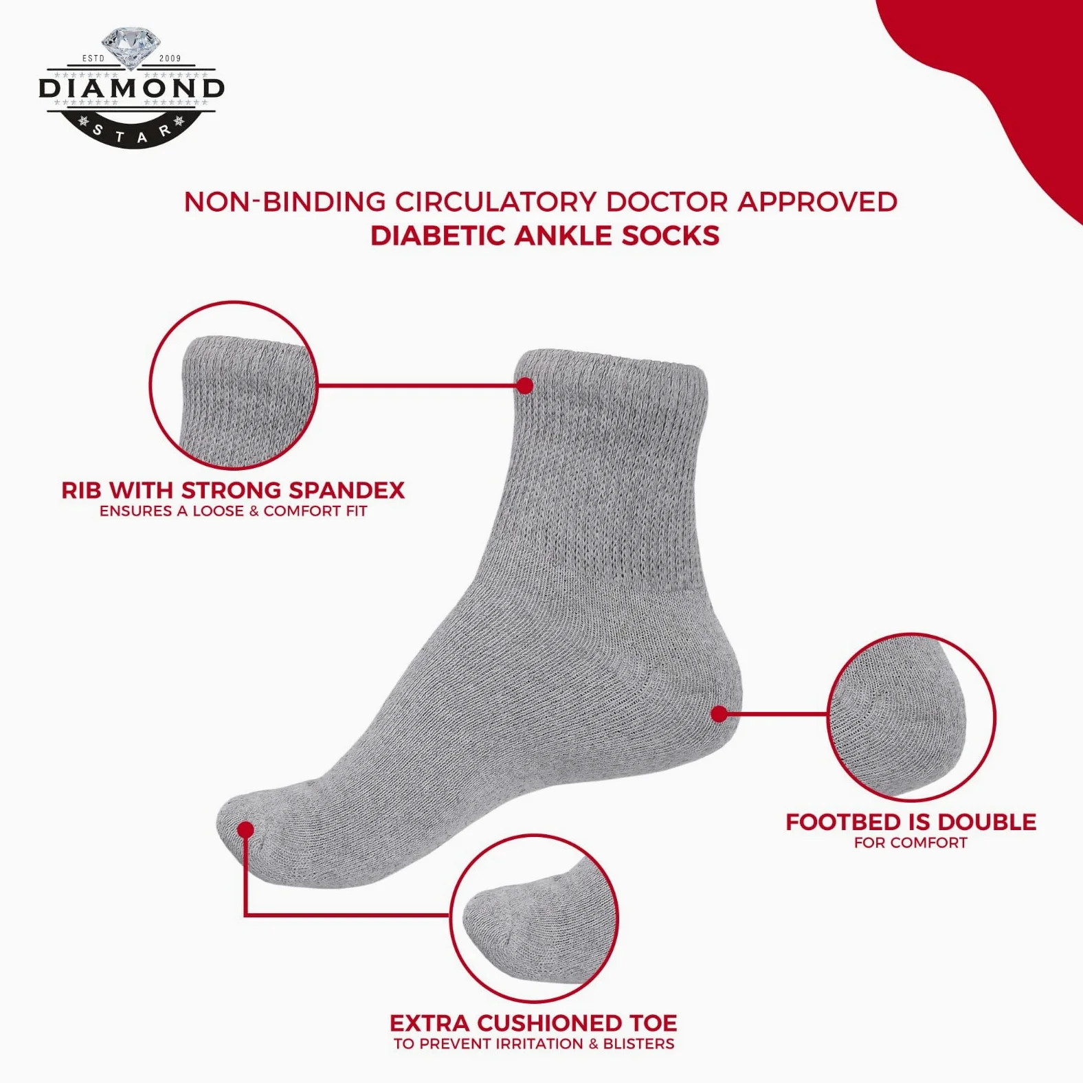 Lot de 3/6/12 paires de chaussettes diabétiques en coton non contraignantes avec semelle rembourrée, douces et respirantes