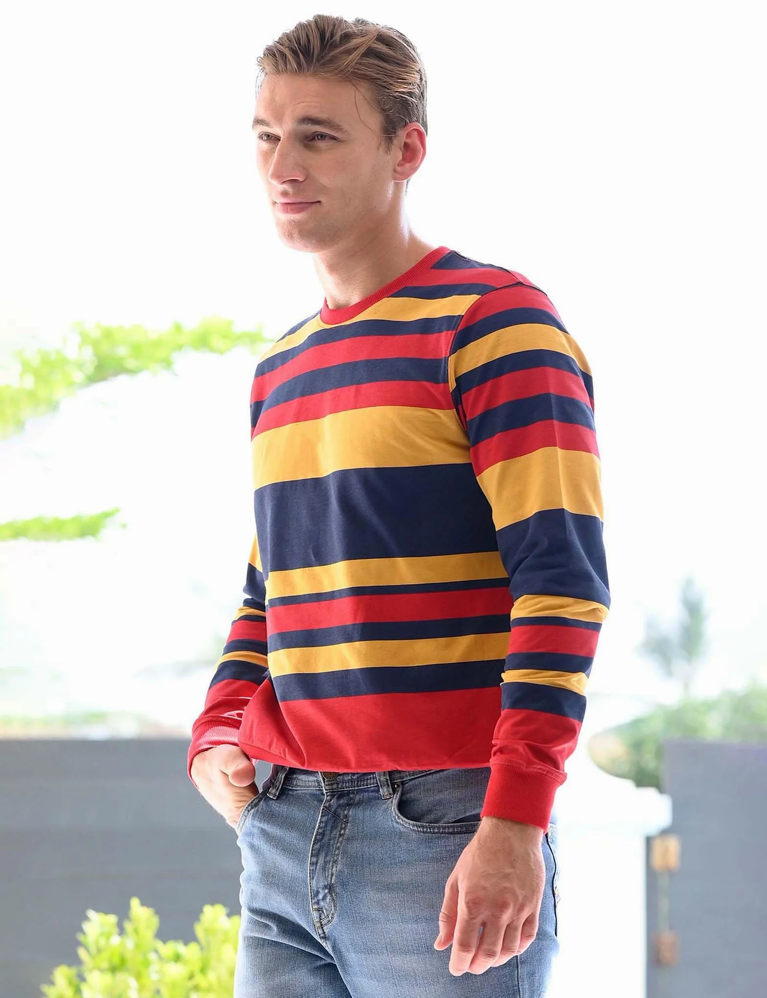 Sweat-shirt classique à rayures pour homme – Pull à col rond avec manches longues, poignets et ourlet côtelés solides – Tissu éponge doux au toucher, décontracté et tendance