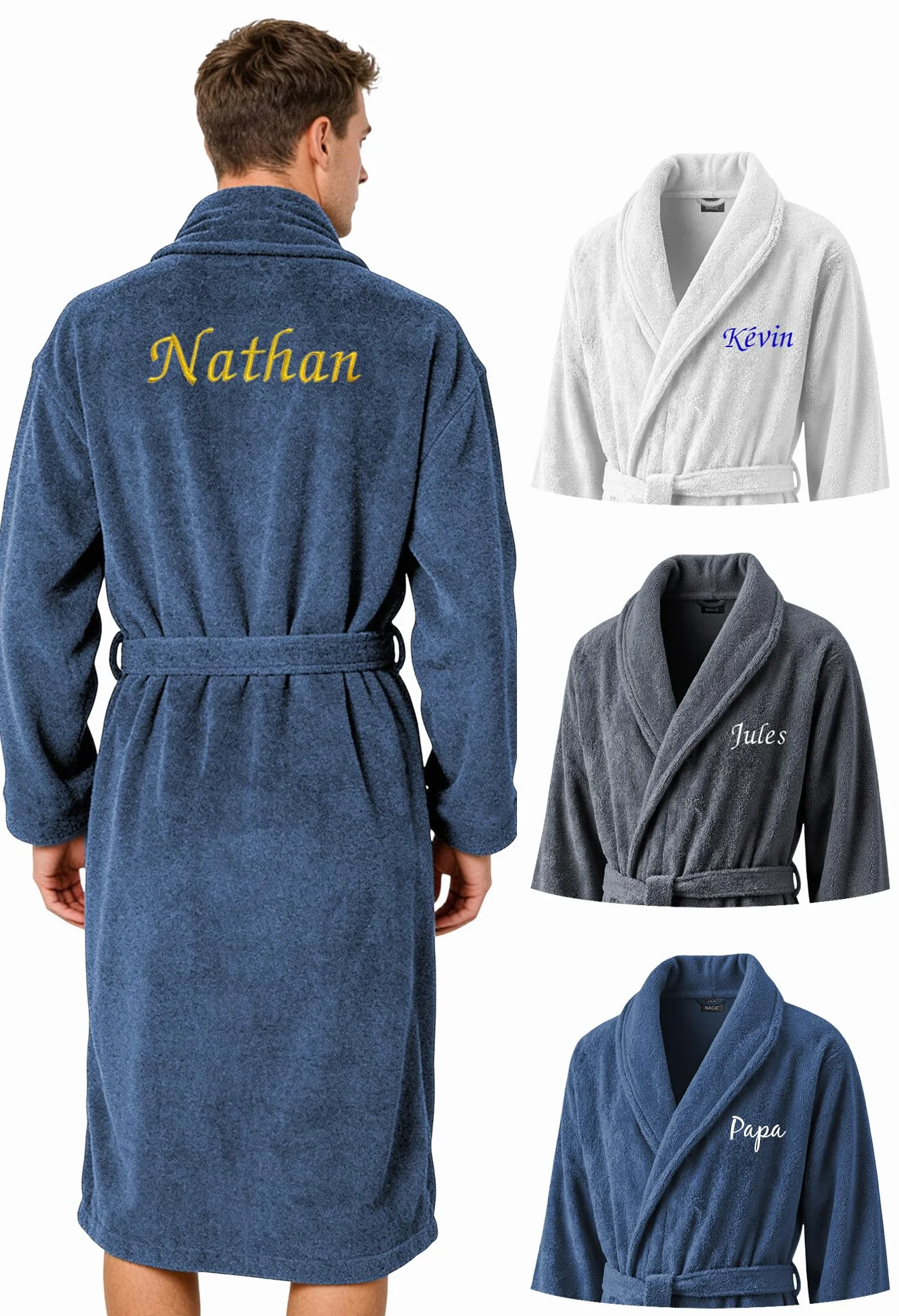 KDO MAGIC Peignoir homme personnalisé - Sortie de bain brodé avec un prénom - Matière éponge - Plusieurs coloris - Cadeau papa noël, anniversaire, fête des pères