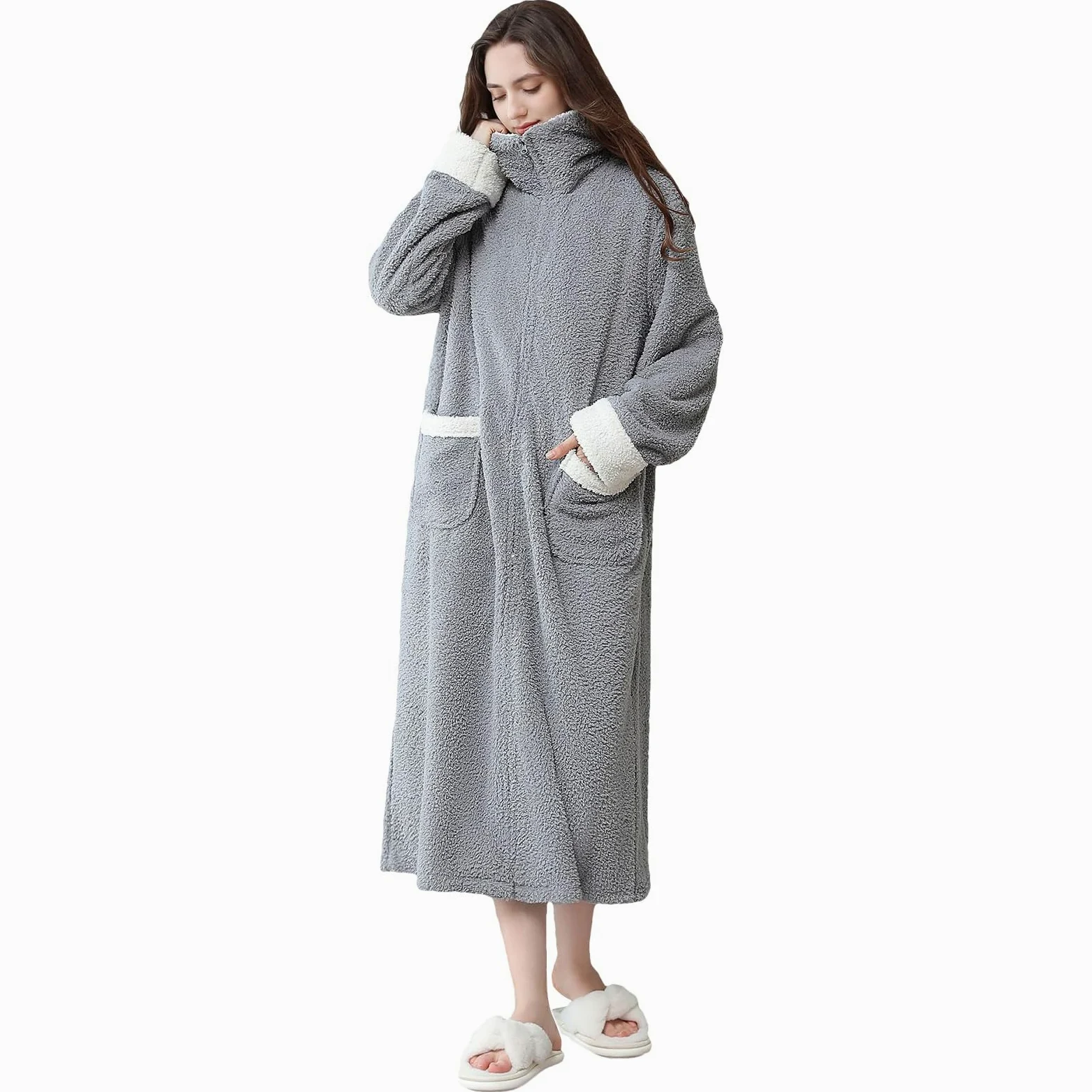 rismart Femme Peignoir Moelleux Col Carré Pleine Longueur Robe de Chambre Mesdames Robe du Matin avec Fermeture Eclair