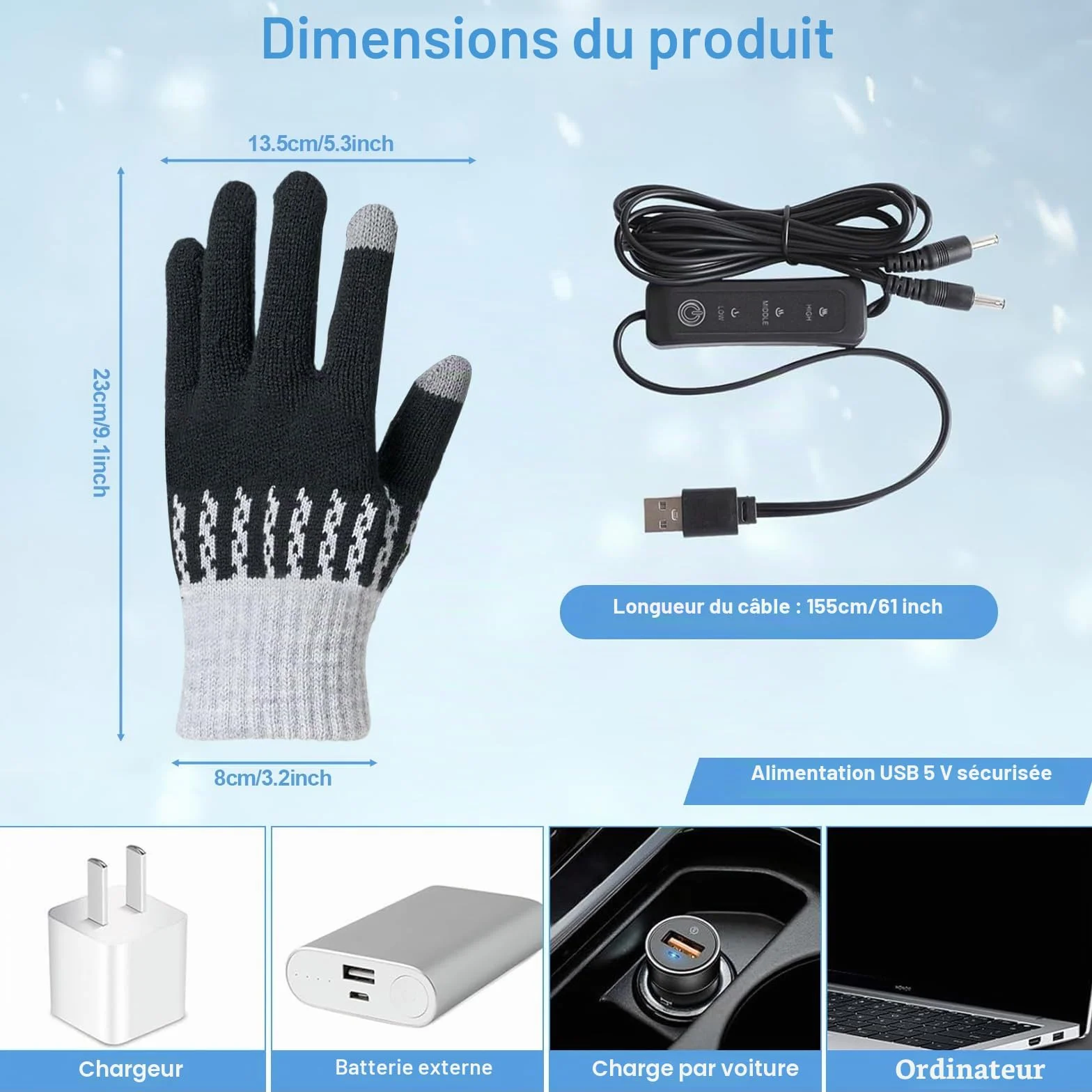 Gants chauffants USB homme femme gants chauffe-mains électriques pour intérieur extérieur température réglable gants chauffe-mains