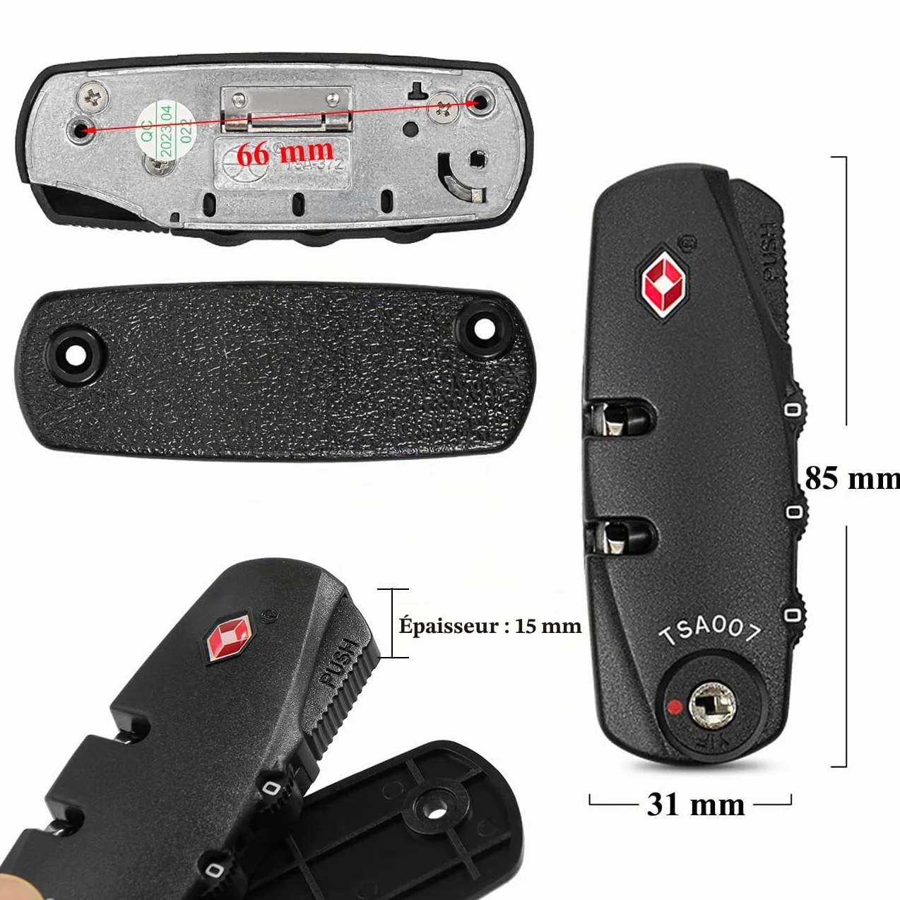Cadenas Valise TSA 007 à 3 Chiffres pour Bagages, Remplacement et Modification, Accessoire Voyage Avion Noir