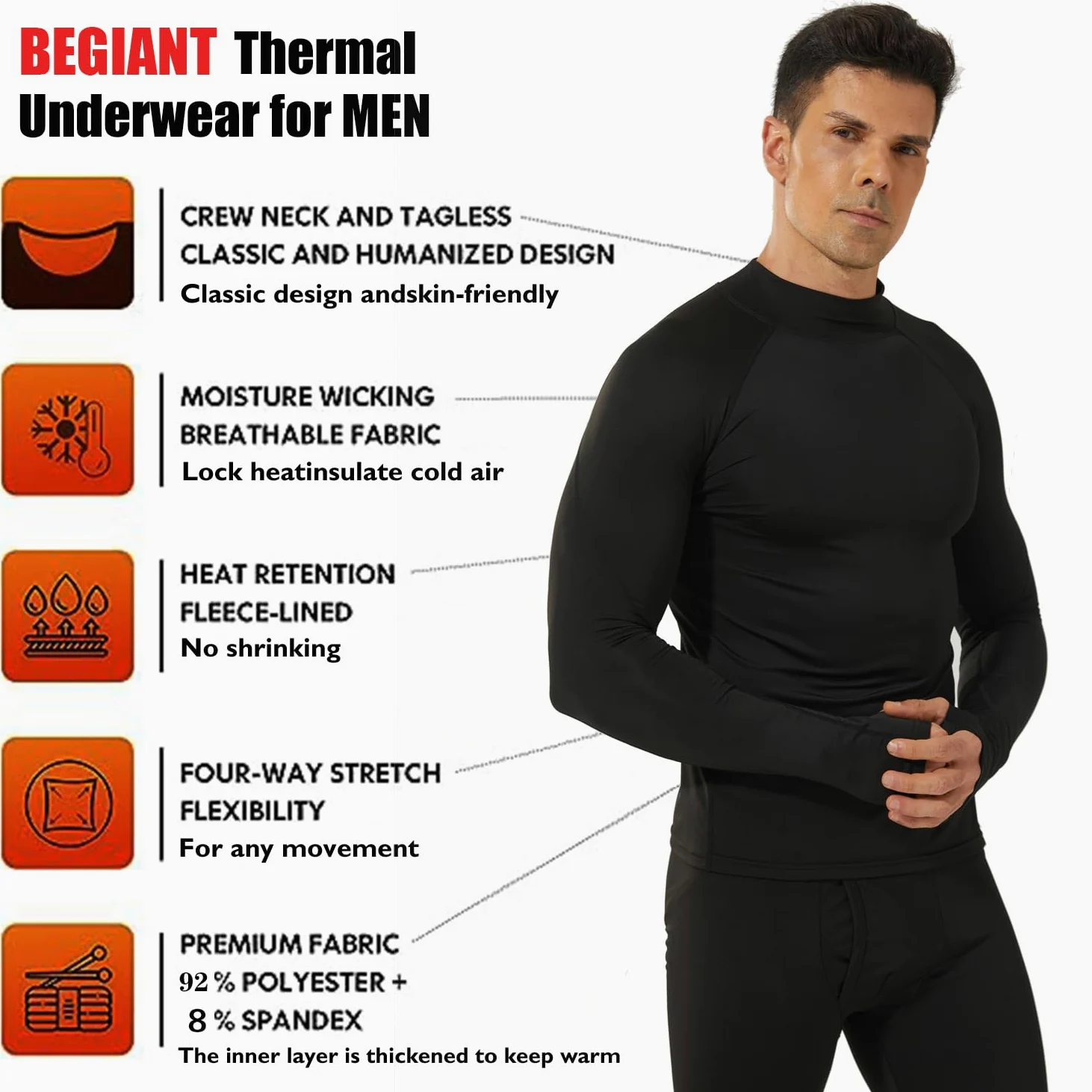Sous-vêtement thermique pour homme - Haut d'hiver chaud - Doublure en polaire - Chemise à manches longues et col rond - Couche de base pour temps froid - Pour le ski, la course à pied, la
