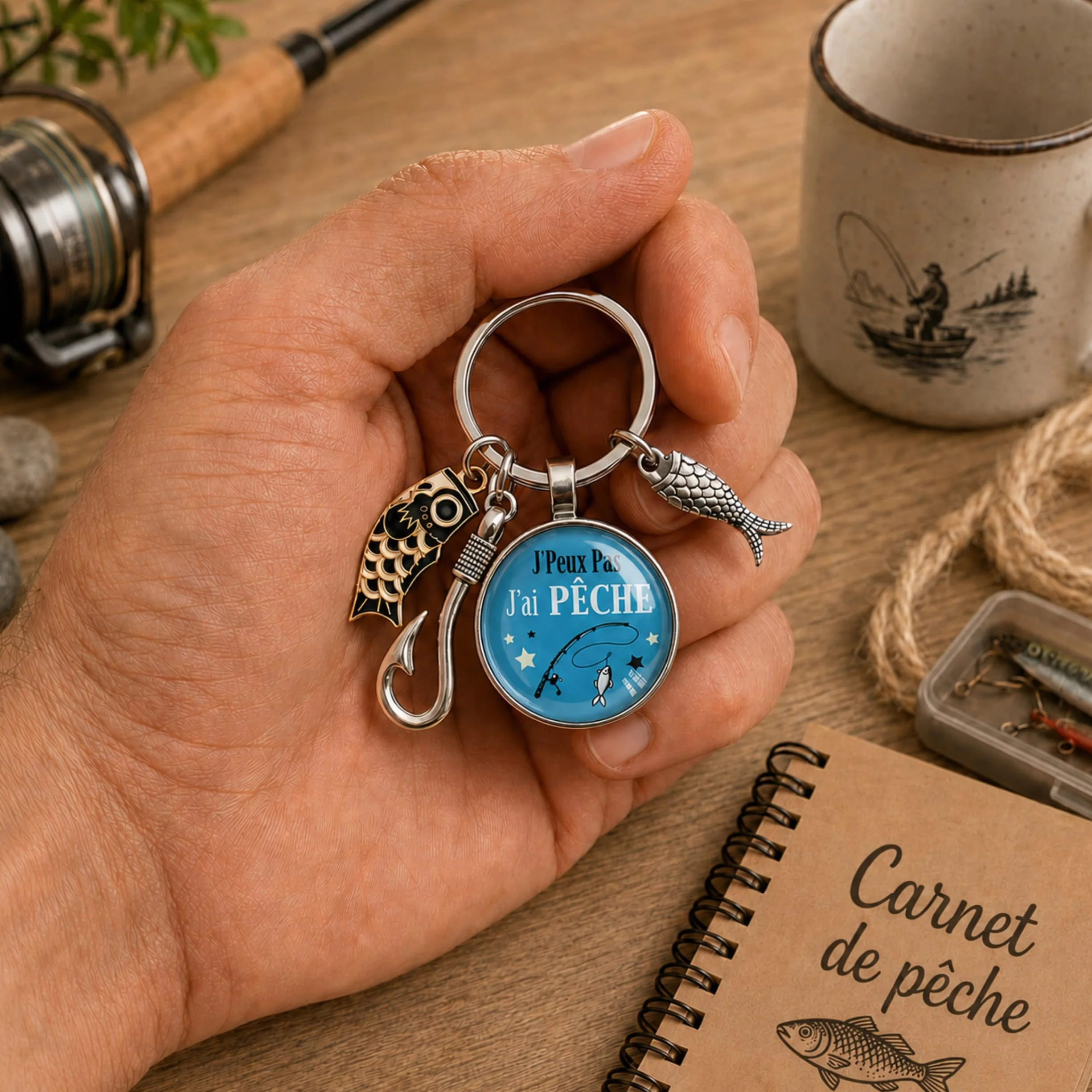 Porte clé pêcheur So Sweet "j'peux pas, j'ai pêche" avec breloques poisson et hameçon