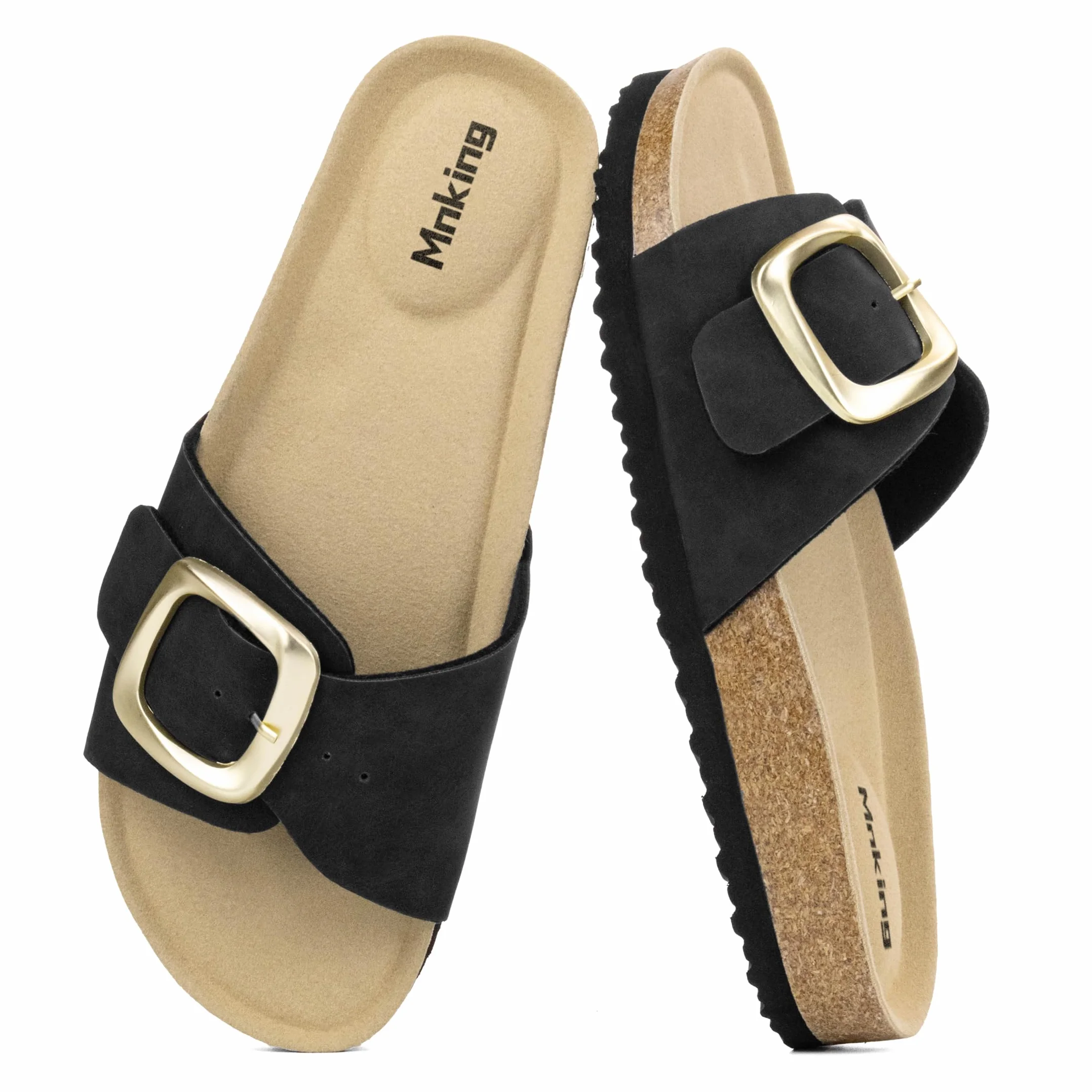 Sandales Femme Été Mules Semelle Intérieure en Liège Sandales en Daim Boucle Réglable Bout Ouvert Chaussure Piscine Plage