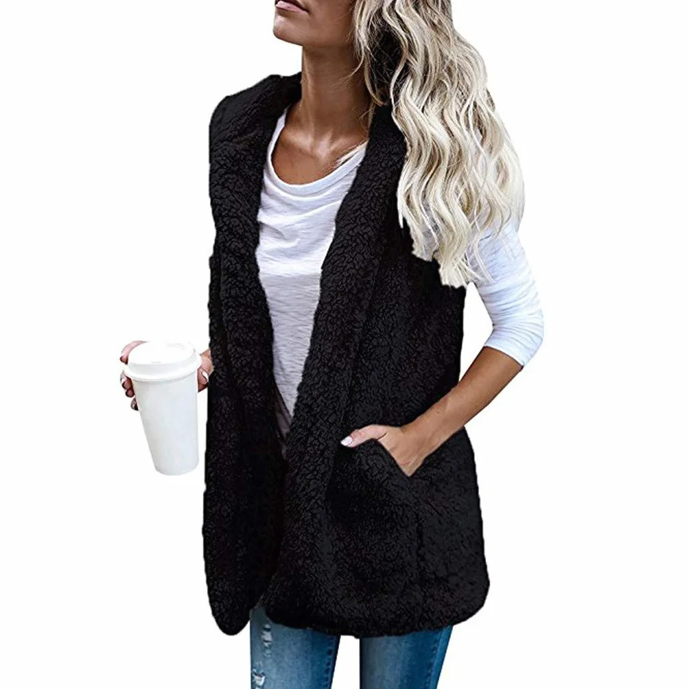 Gilet en polaire pour femme, gilet sans manches, confortable et doux, sans manches, ouvert sur le devant, gilet d'hiver chaud et moelleux avec poches