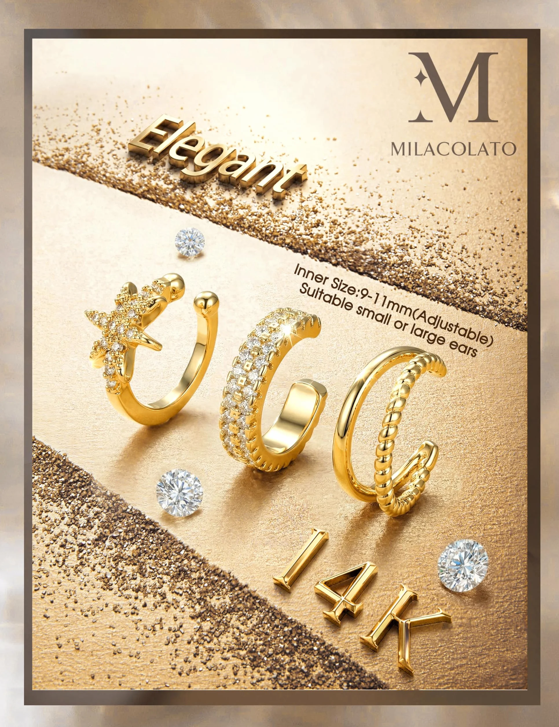 MILACOLATO Ear Cuff Femme Faux Piercing Oreille Or Hypoallergénique Réglables Sans Trou Helix Cartilage