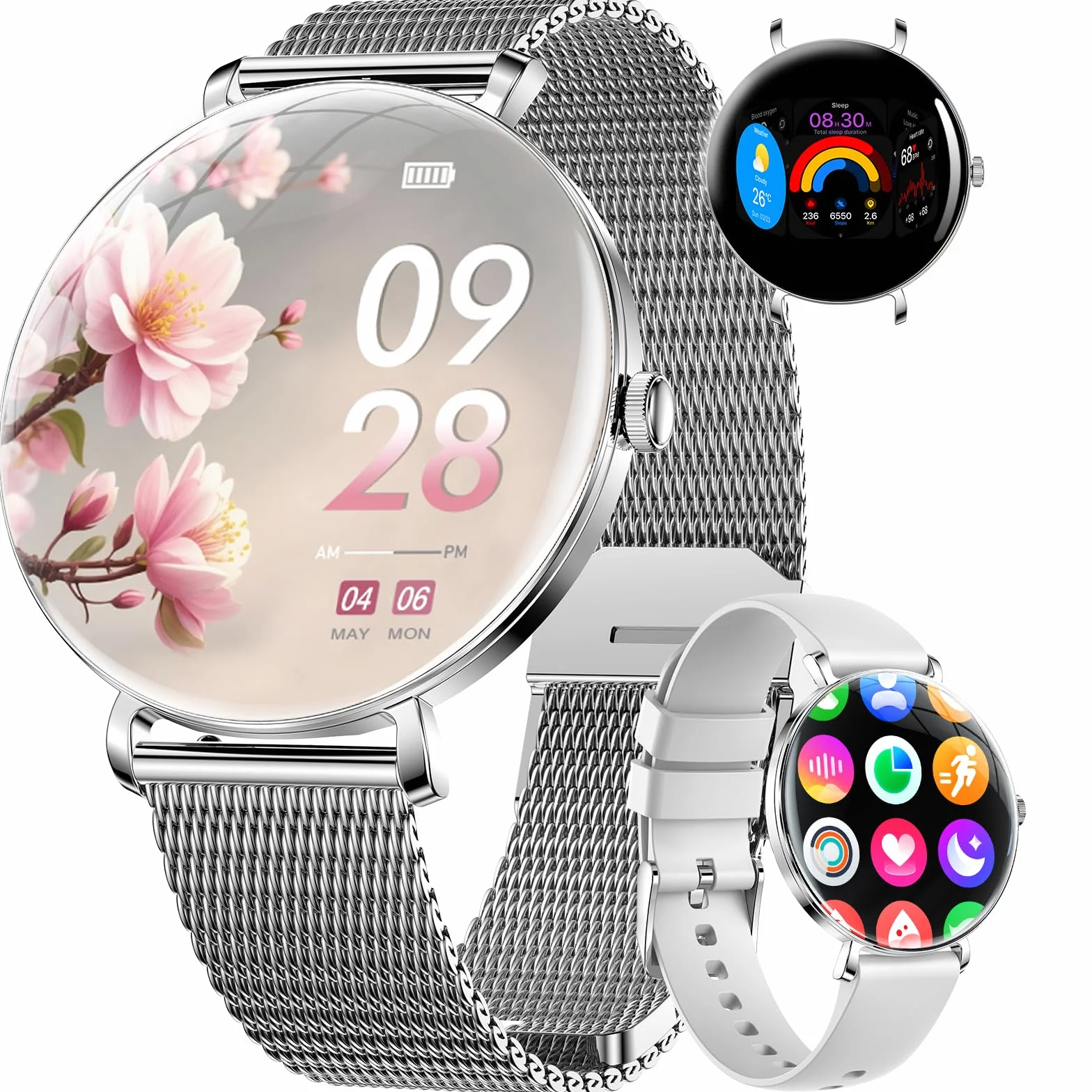 SUNKTA Montre Connectée Femme Léger avec 1.43'' Écran Courbé AMOLED Appels Cycles Menstruels/Podómetro/Fréquence Cardiaque 100+ Modes Sportifs 5ATM Imperméable Élégante Femme Smartwatch Android iOS