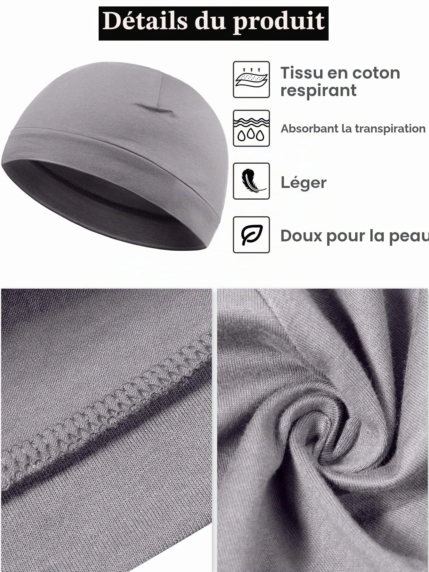 Syhood 4 Casquettes de Crâne Hommes Bonnet en Coton Doux Chapeaux de Sommeil Casque Extensible Couvre-Chef de Doublure Multifonctionnel pour Hommes Femmes