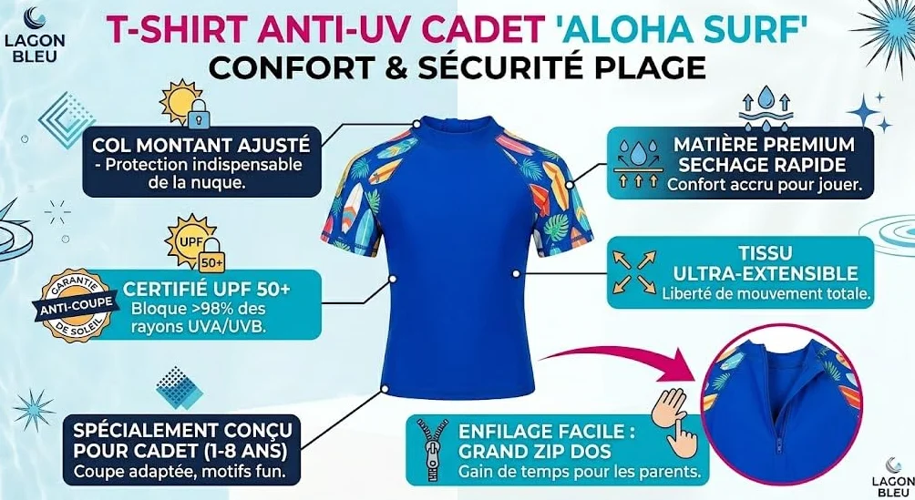 T-Shirt Anti-UV Enfant (1-8 Ans) | Maillot de Bain Rashguard Bleu Aloha Surf | Motifs Planches de Surf | Protection Solaire UPF 50+ |